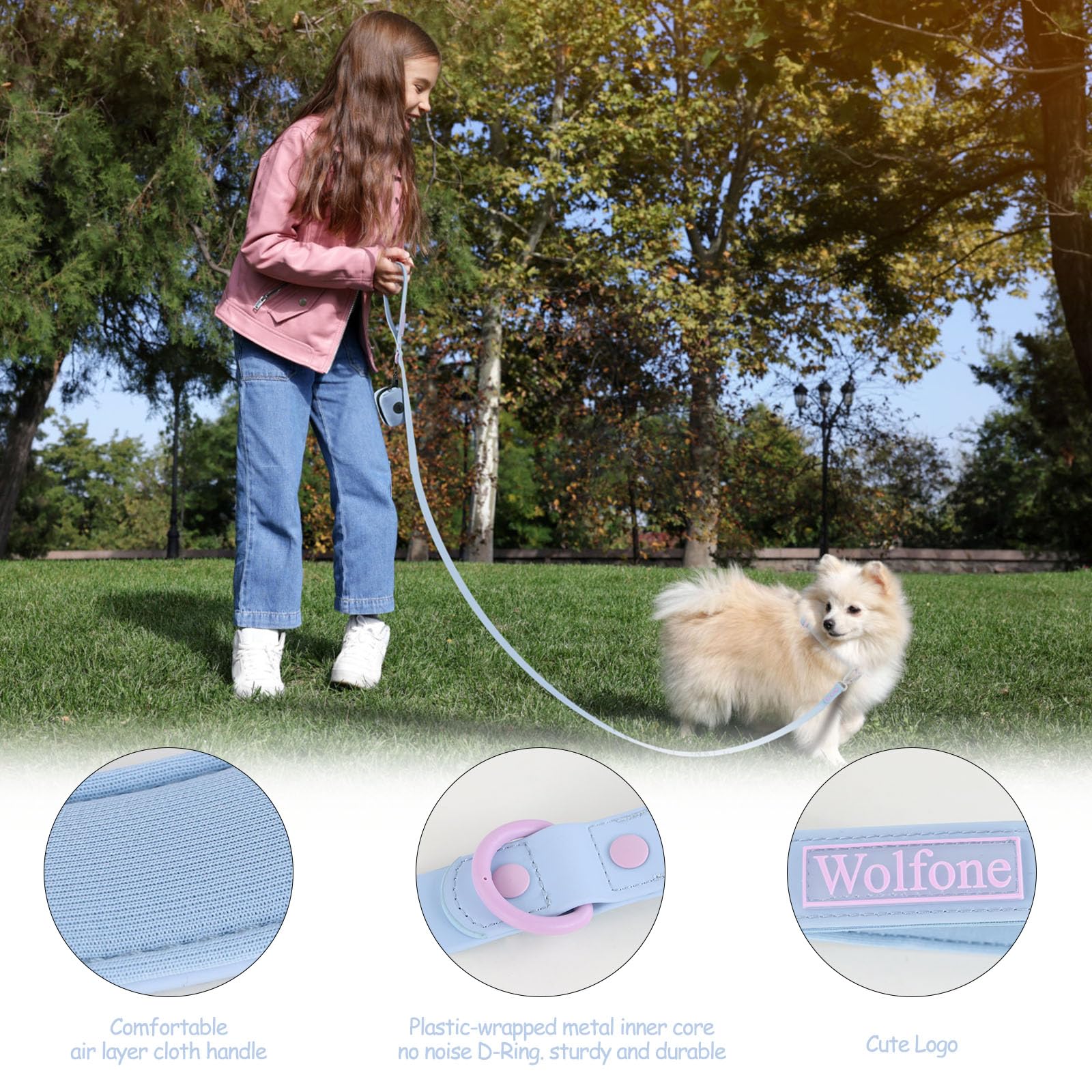 Wolfone 6Ft Safety Auto-Lock Carabiner Dog Leash Soft Handle Waterproof Cute Colored Leash For Dogs Light Blue