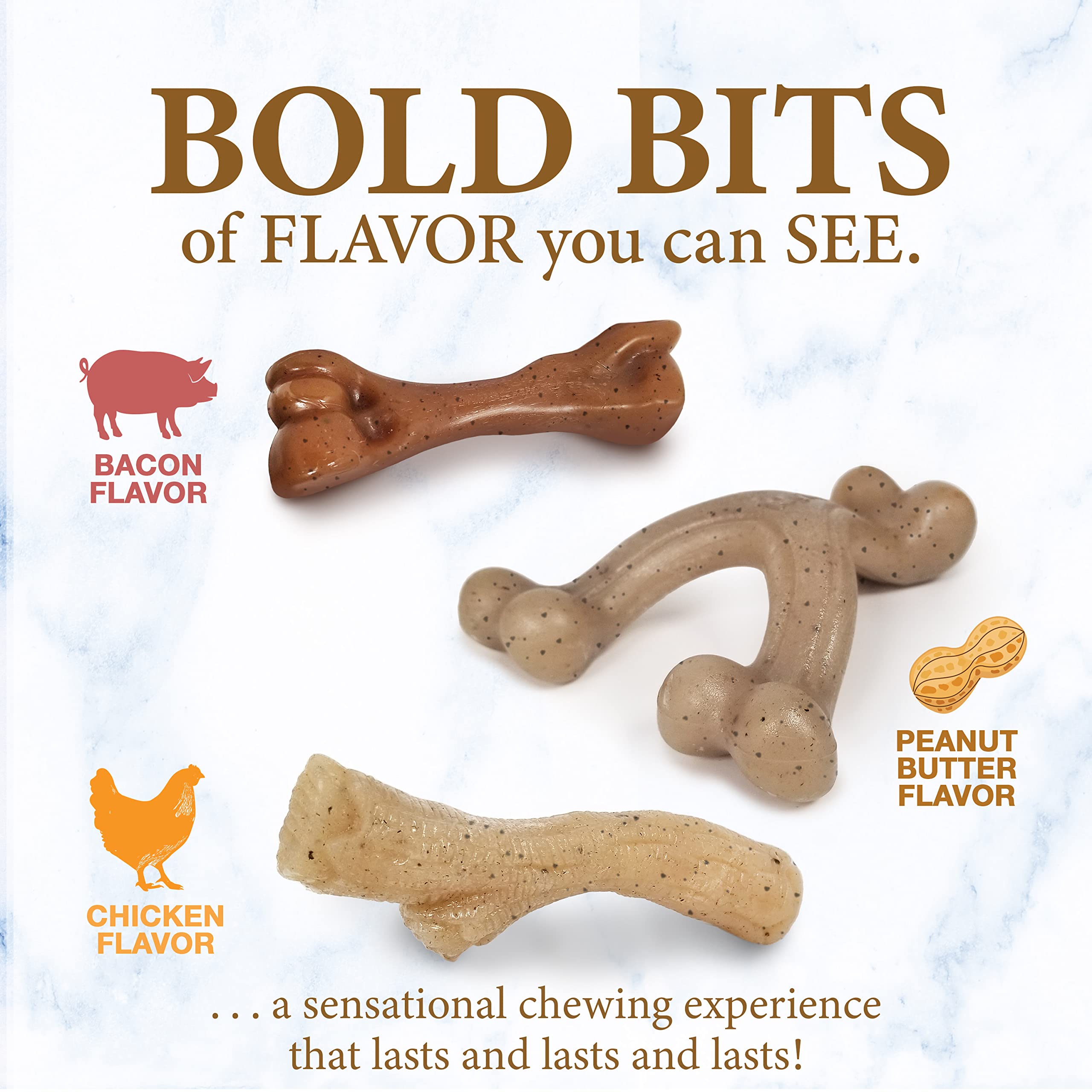 Nylabone Gourmet Style Femur, Wishbone, & Stick Strong Chew Toy for Puppies, Bacon, Chicken & Peanut Butter Flavor, Small - Up t