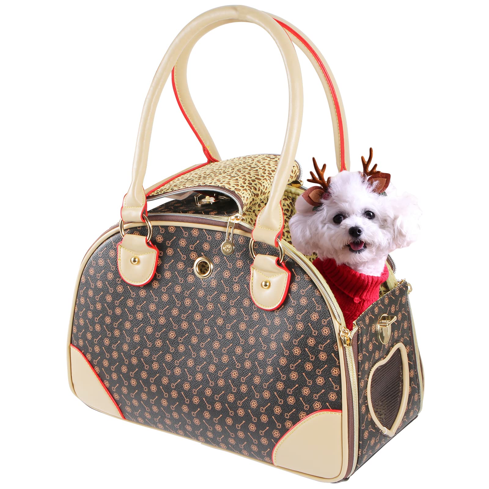 Betop House Fashion Dog Carrier Pu Leather Dog Handbag Dog Purse Cat Tote Bag Pet Cat Dog Hiking Bag, Brown, Small 38 * 23 * 17C