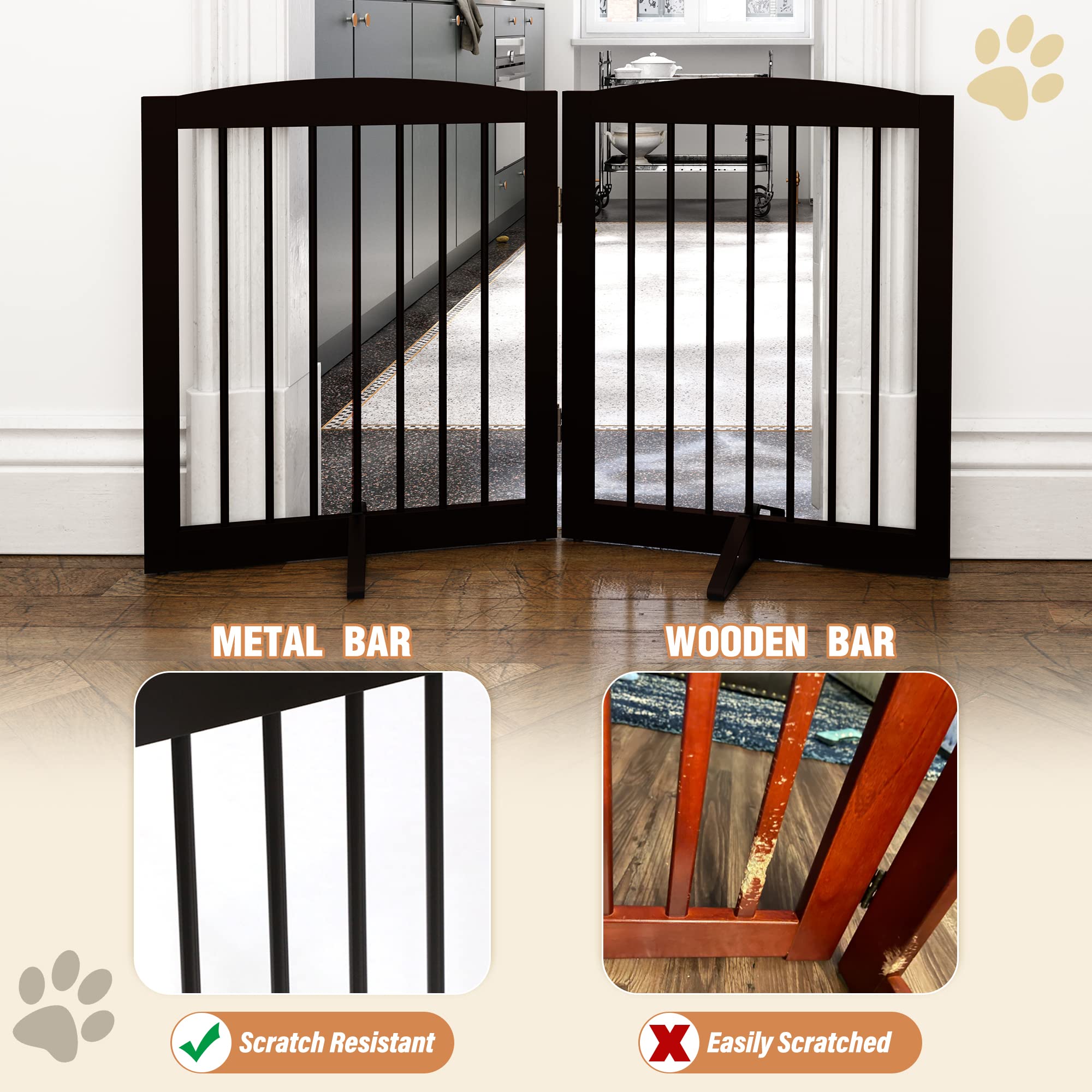 PUPETPO Freestanding Pet Gate for Dogs, Foldable Wooden Dog Gate for House, Indoor Pet Barrier for Stairs, Doorways, Support Fee
