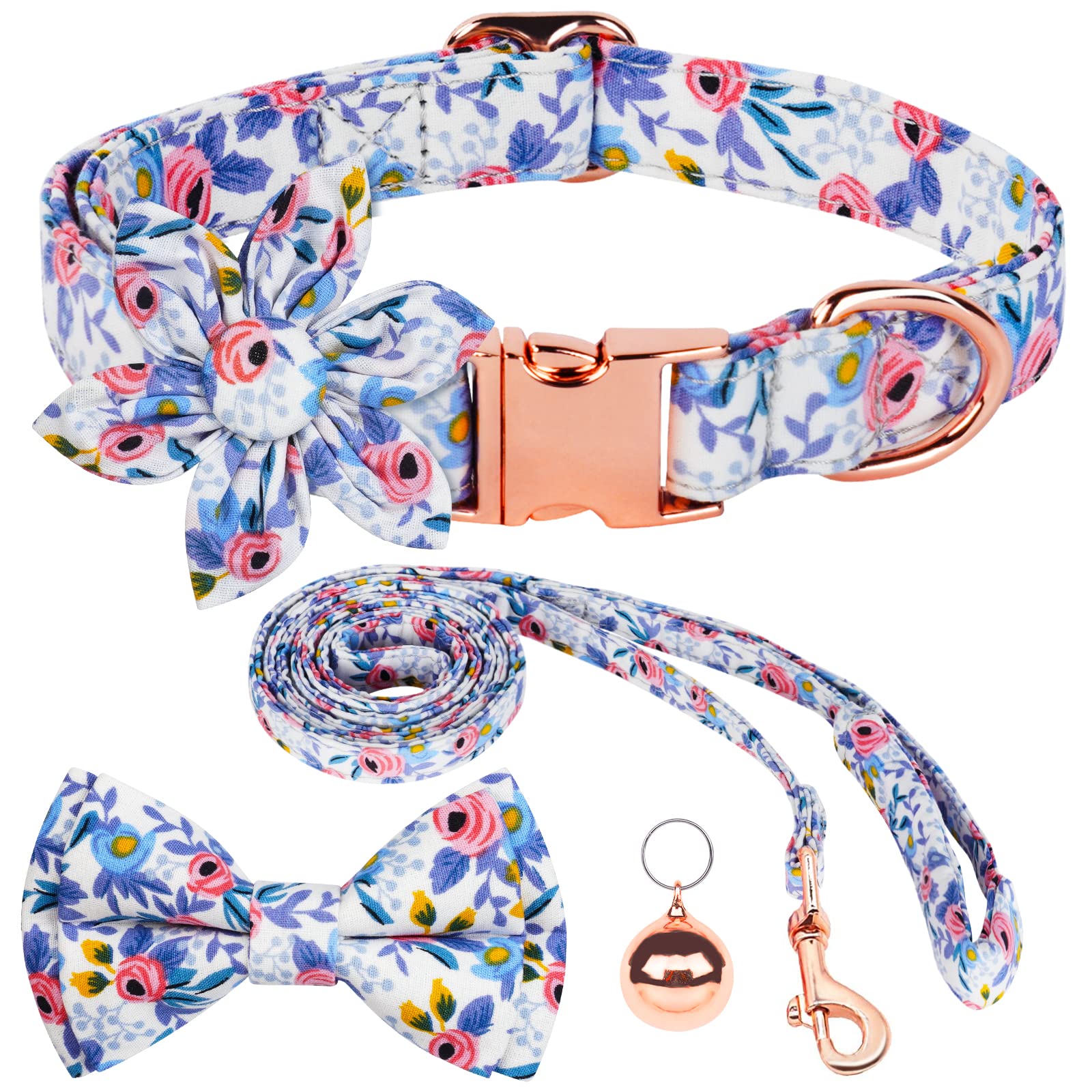 Ainiv Dog Collar And Leash Sets, Flower Girl Floral Pattern Engraved Pet Collars With Adjustable Strong Gold Buckle Collars With