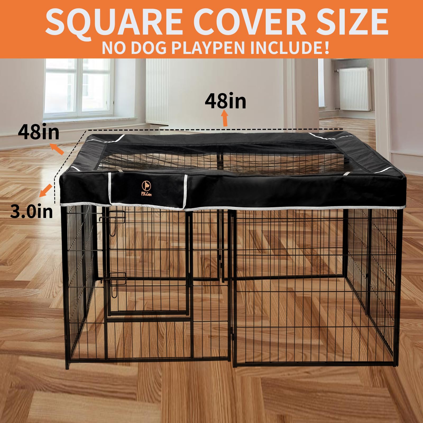 PJYuCien Square Top Cover for 8 Panel Dog Playpen, 48"x48", Black, Polyester, Model 24"W
