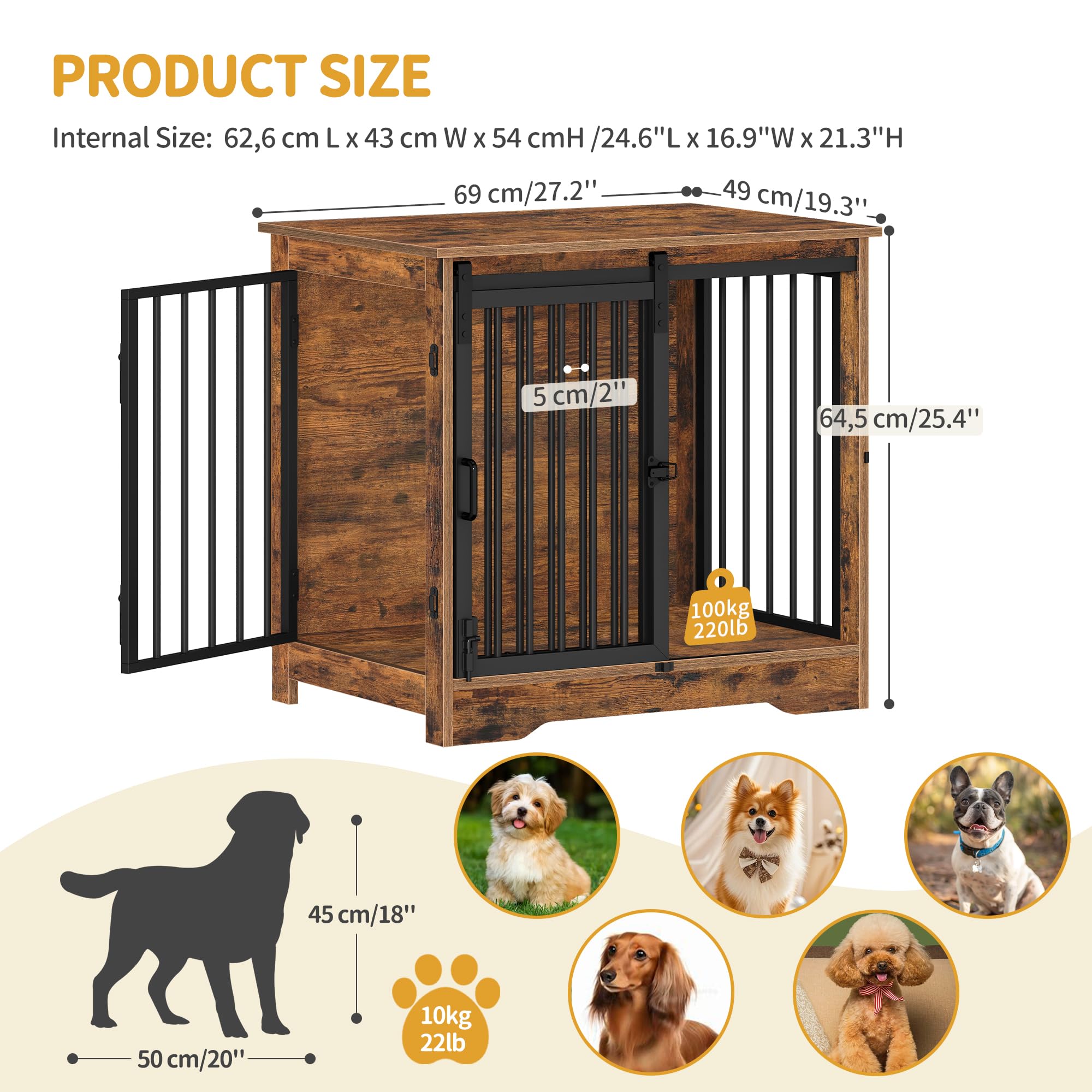 Hzuaneri Dog Crate Furniture, 27.2 Double Door Dog Crate with Barn Door, Dog Kennel Indoor, End Side Table Wooden Dog Crate for
