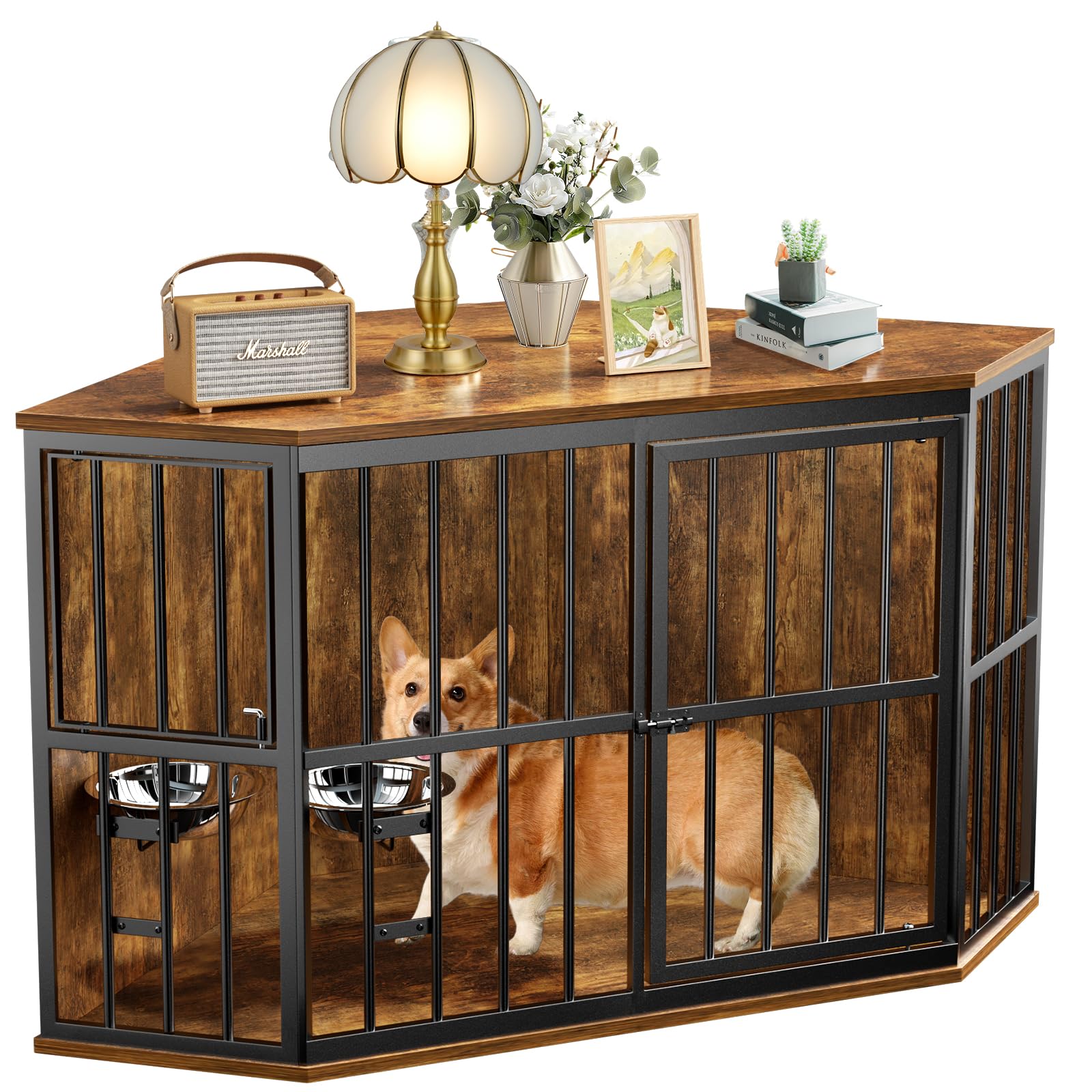 MODCART Medium Dog Crate Furniture, 42    Heavy Duty Corner Dog Crate with 2 Stainless Steel Bowls, Dog Kennel Furniture Style H