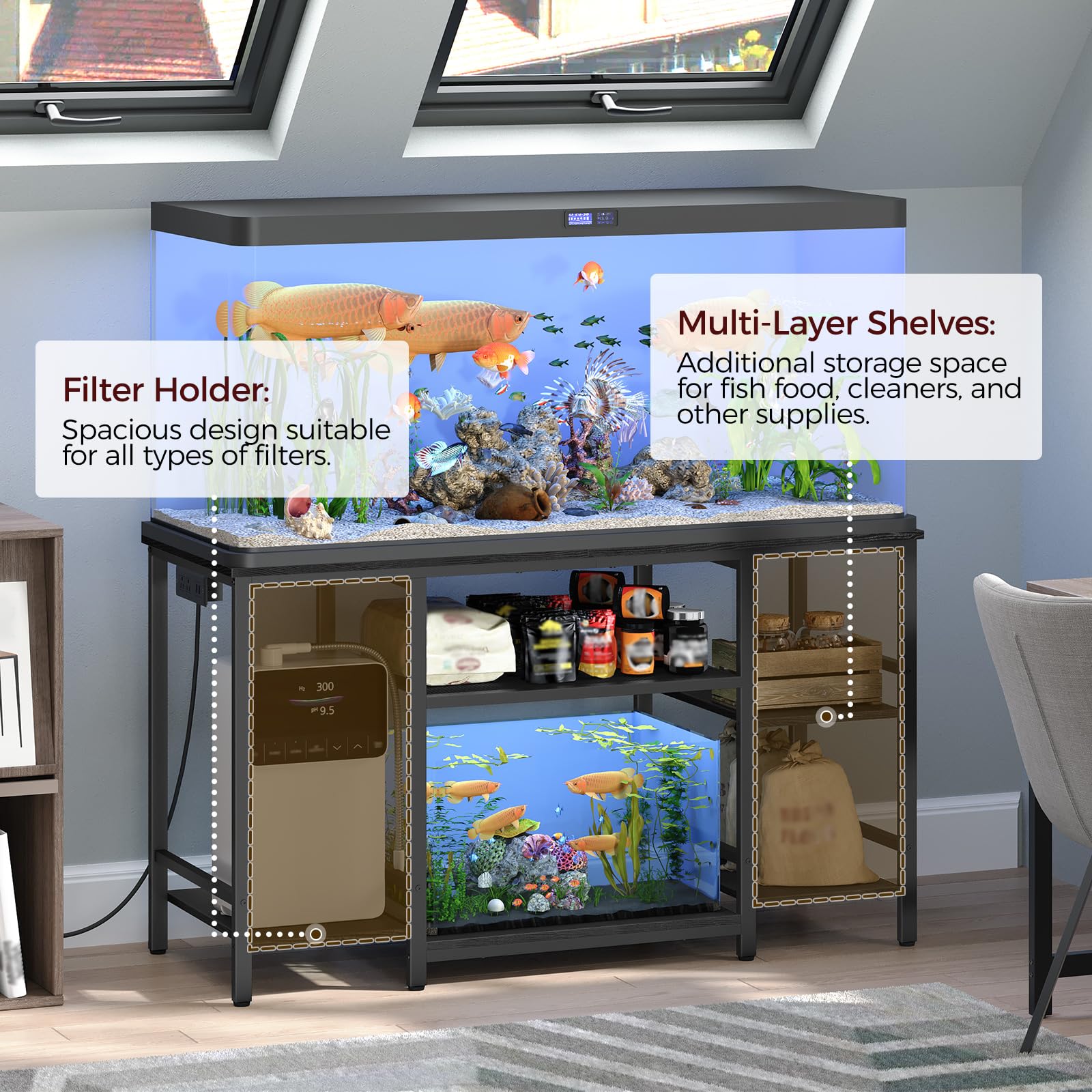 MAHANCRIS 55-75 Gallon Fish Tank Stand with Power Outlet, 3-Tier Metal Frame Aquarium Stand, Heavy Duty Reptile Terrarium Tank S