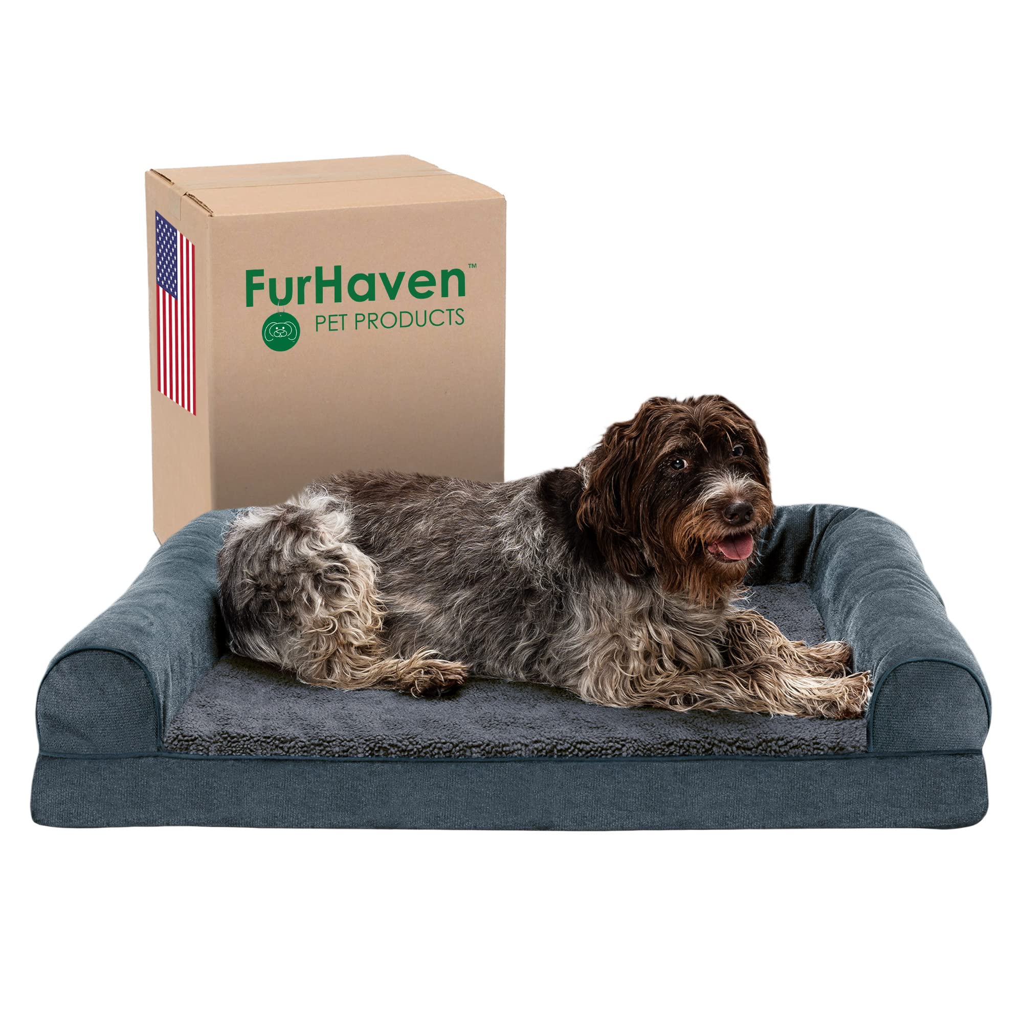Furhaven Memory Foam Dog Bed for Large Dogs w/ Removable Bolsters & Washable Cover, For Dogs Up to 95 lbs - Sherpa & Chenille So