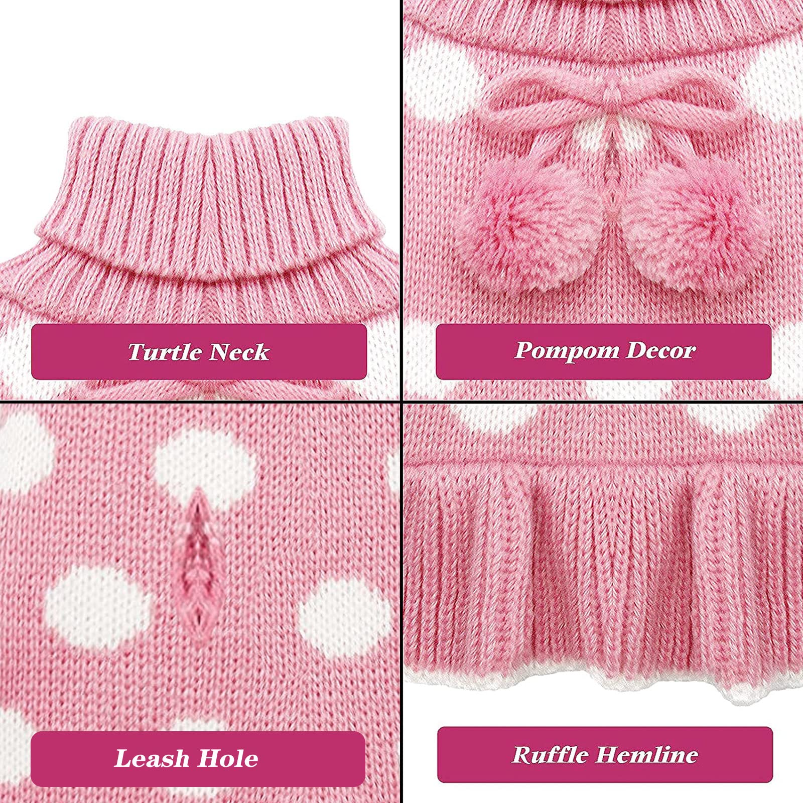 Kyeese Dog Sweater Dress Polka Dot Dog Sweater For Girl Pink With Leash Hole Knit Warm Dogs Clothes With Pom Pom Ball For Fall W