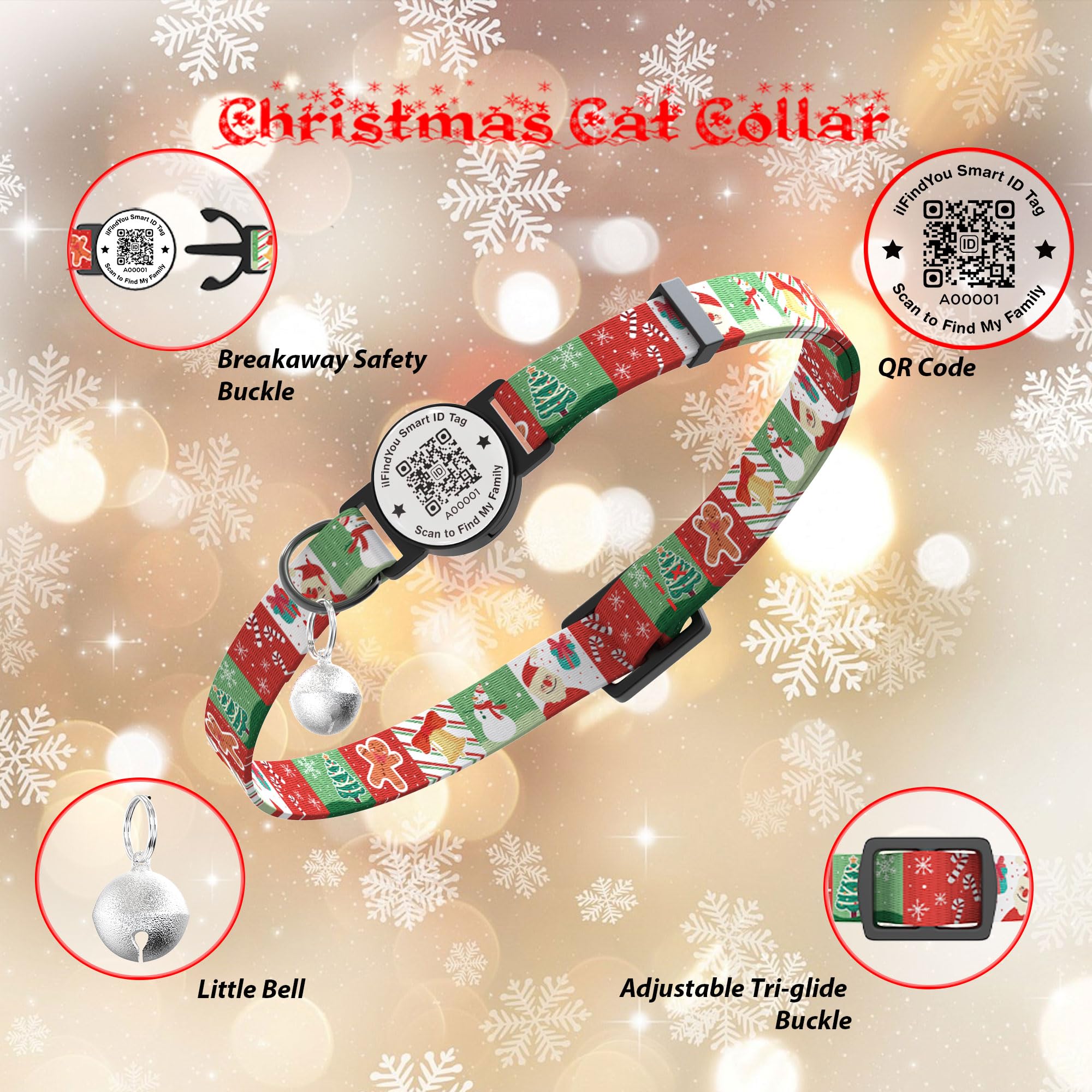 Ilfindyou Christmas Cat Collar Breakaway With Bells, Xmas Patterns Kitten Collar With Qr Code Cat Tag Christmas Pattern