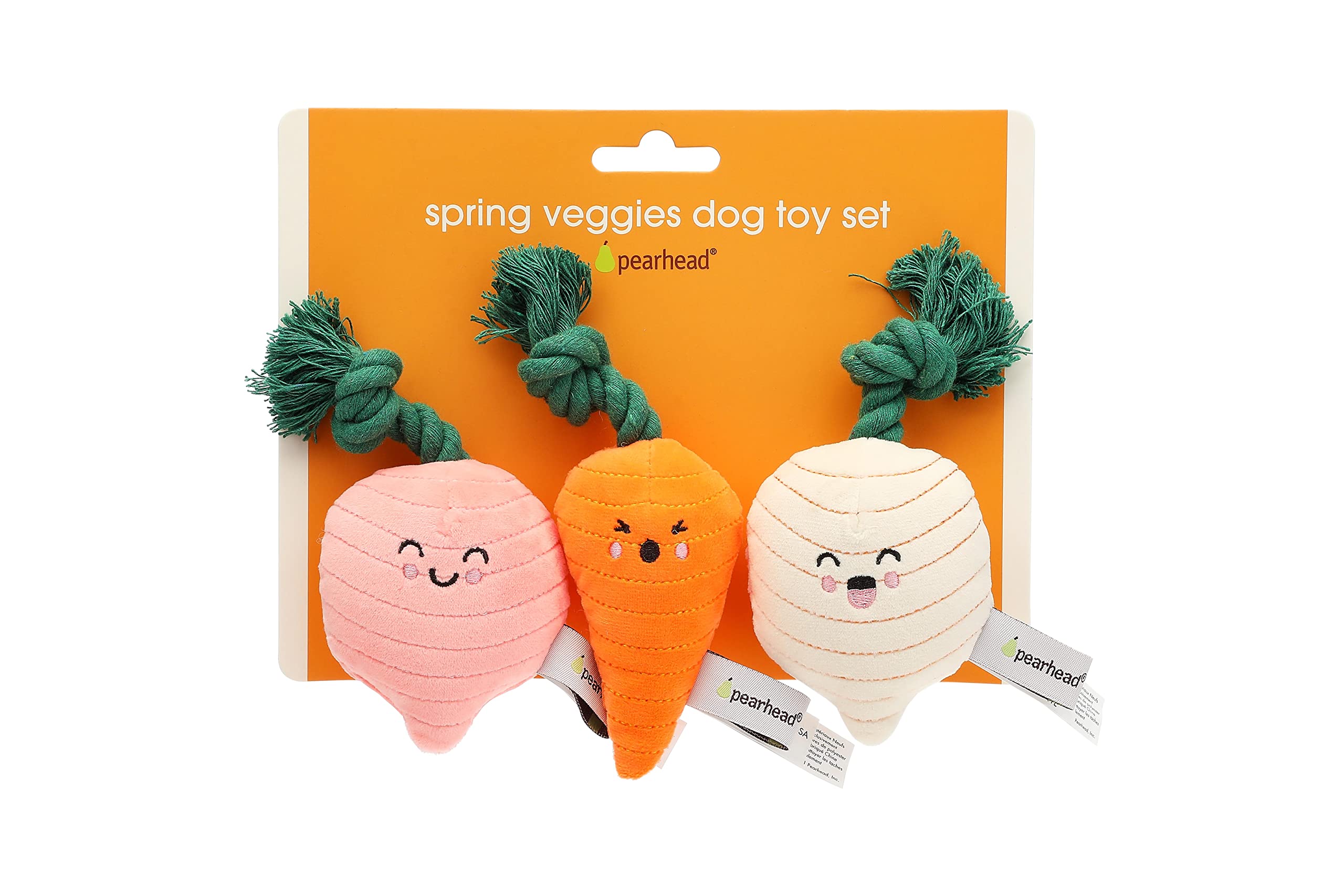 Pearhead Spring Garden Veggies Dog Toys, Radish, Carrot and Turnip Squeaky Rope Toys, Gift for Pet Parents, Vegetable Plush Dog