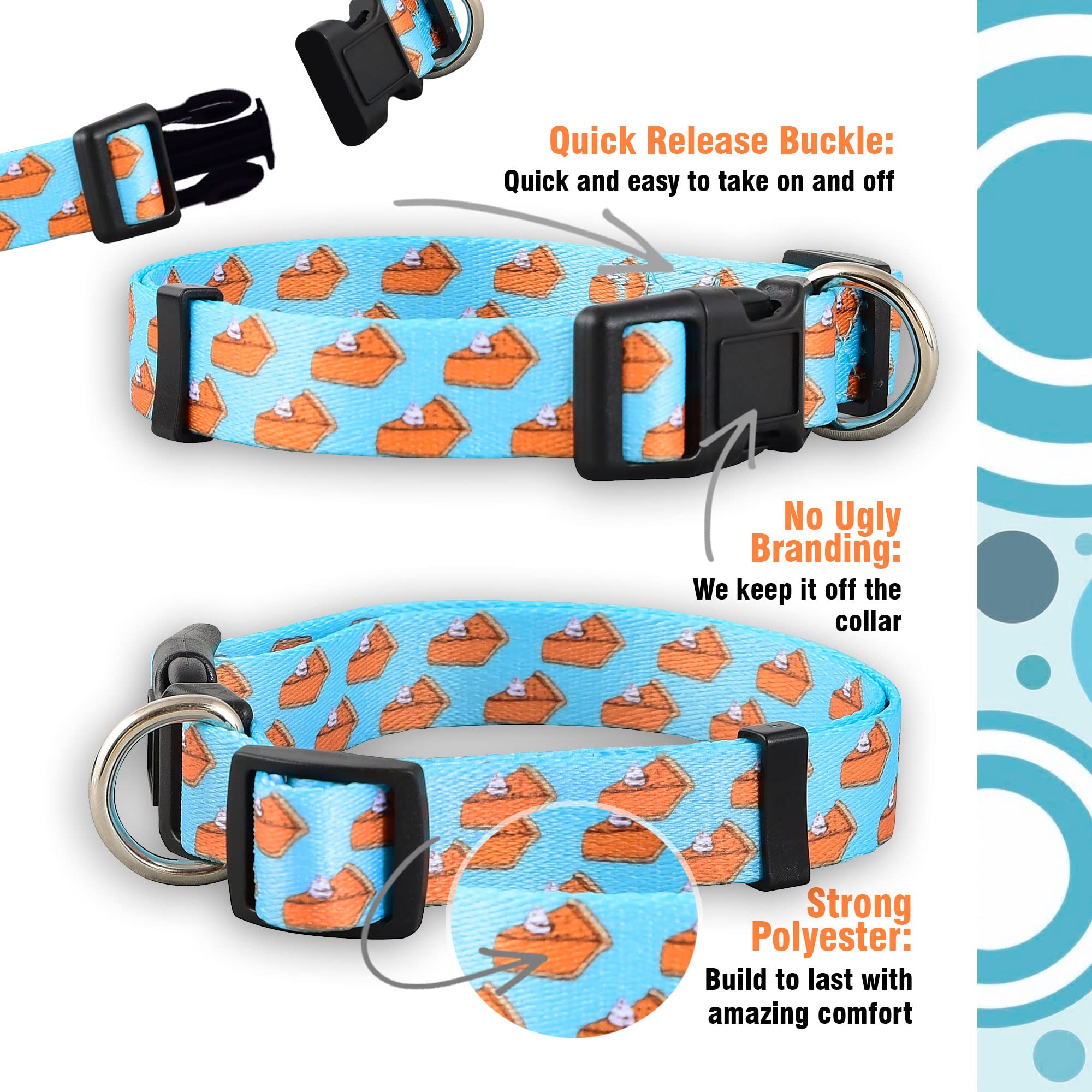 Native Pup Thanksgiving Dog Collar, Cute Fall, Autumn, Turkey Holiday Design, Adjustable Nylon Small, Medium, Large (Pumpkin Pie, Small)