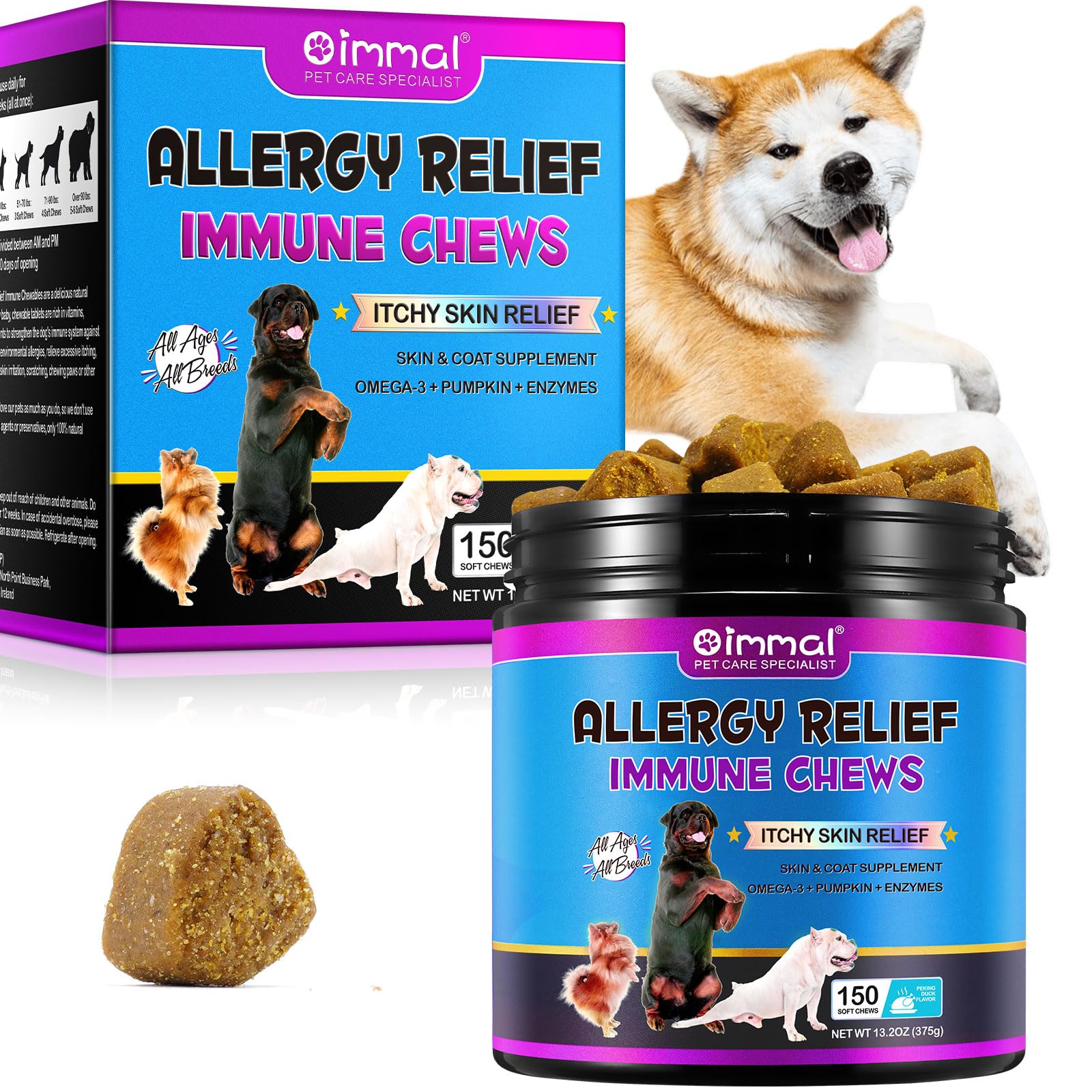 Dog Allergy Relief Chews, Dog Allergy Chews (150 Count), Itch Relief for Dogs, Omega 3 Fish Oil + Pumpkin Enzymes + DHA for Dogs