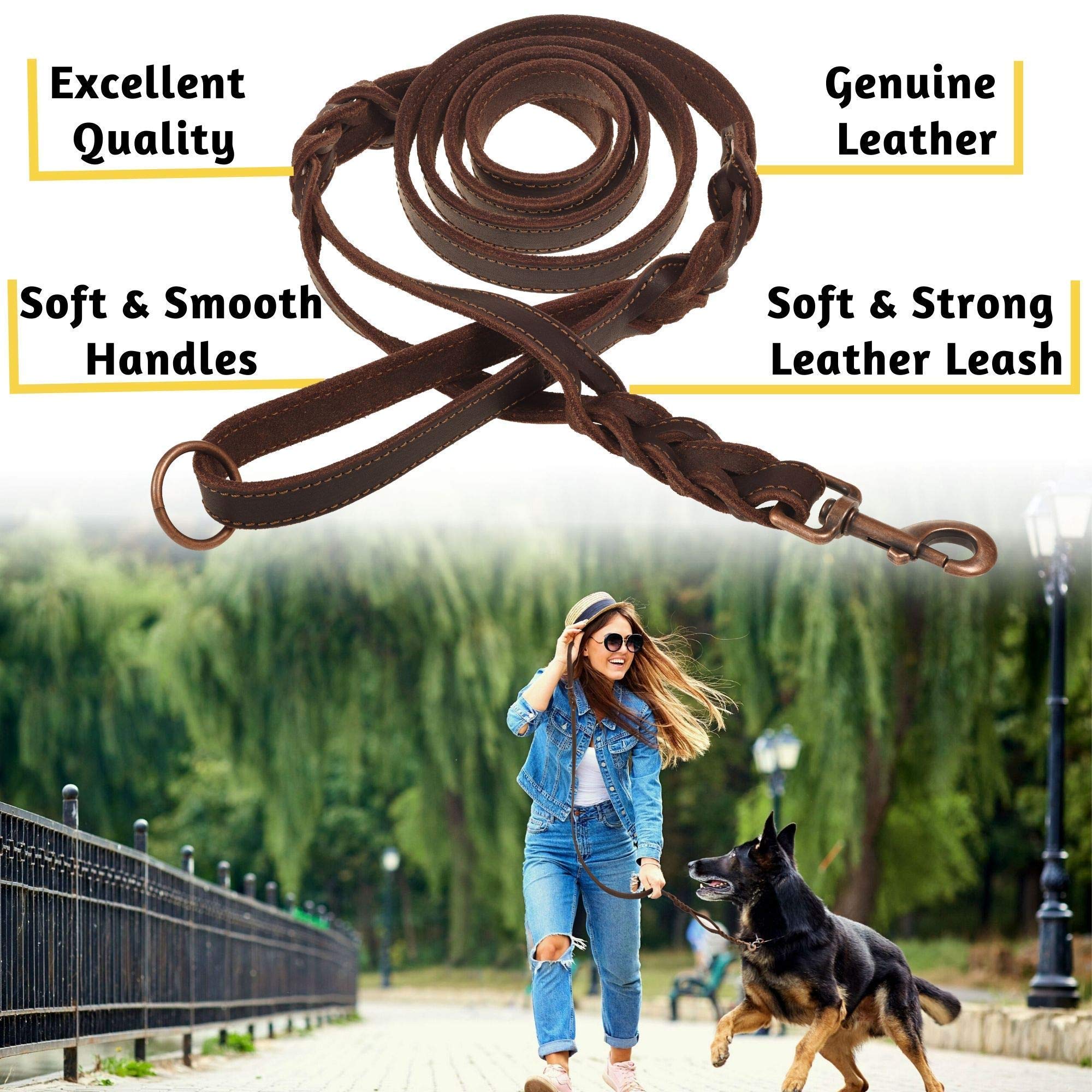 Adityna Double Handle Leather Dog Leash 6Ft X 3/4' - Heavy Duty Braided Dog Leash With Traffic Handle - Dog Lead For Training And Walking Large And Medium Dog Breeds (Brown, Two Handles 6 Foot X 3/4')