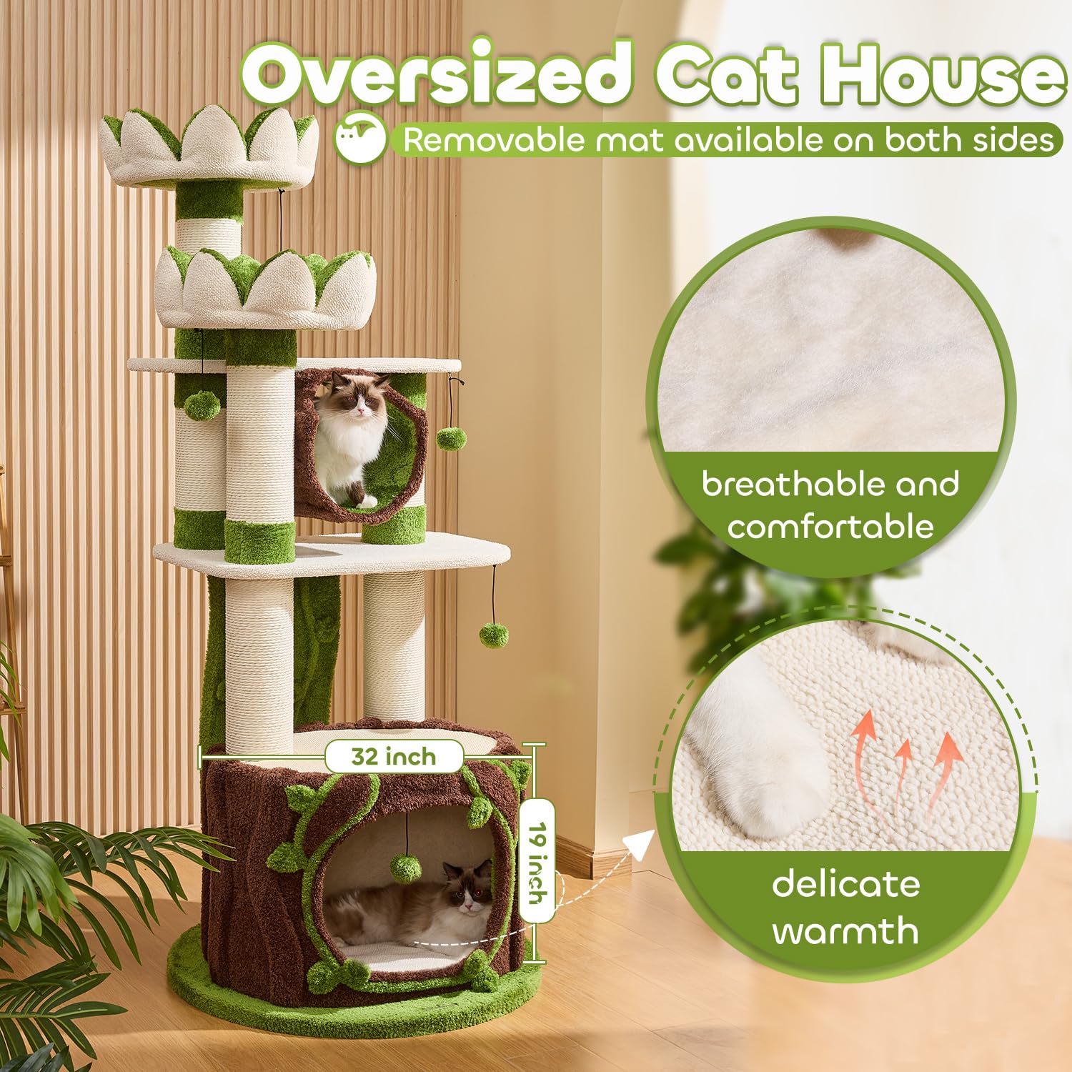 73   Tall Modern Cat Tree,Lotus Cat Tower for Indoor Adults Fat Cats,Multi-Level Heavy Duty Cat Furniture with Large Condo,Bed