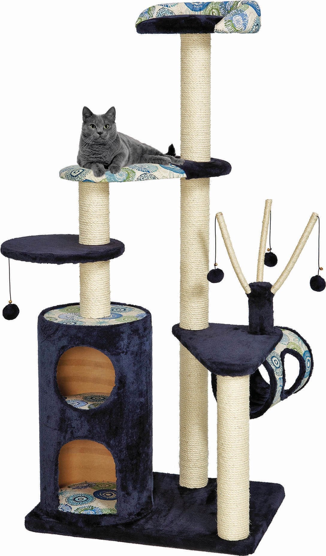 Midwest Homes For Pets Large Cat Tree, 5-Tier Sisal Wrapped Scratching Post, Blue/White Pattern, X-Large Size