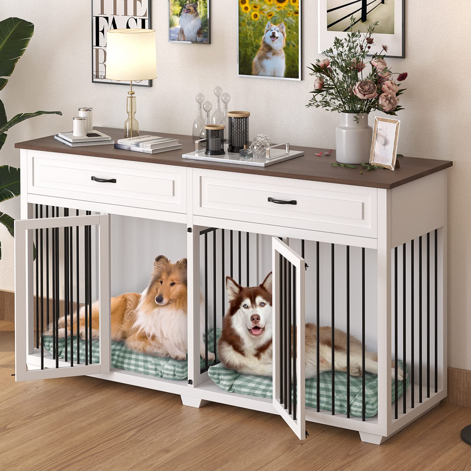 PIAOMTIEE Dog Crate Furniture, 72.4 Inch Wooden Indoor Dog Kennel Cage House, Modern Decorative End Table with Double Rooms, 2 D