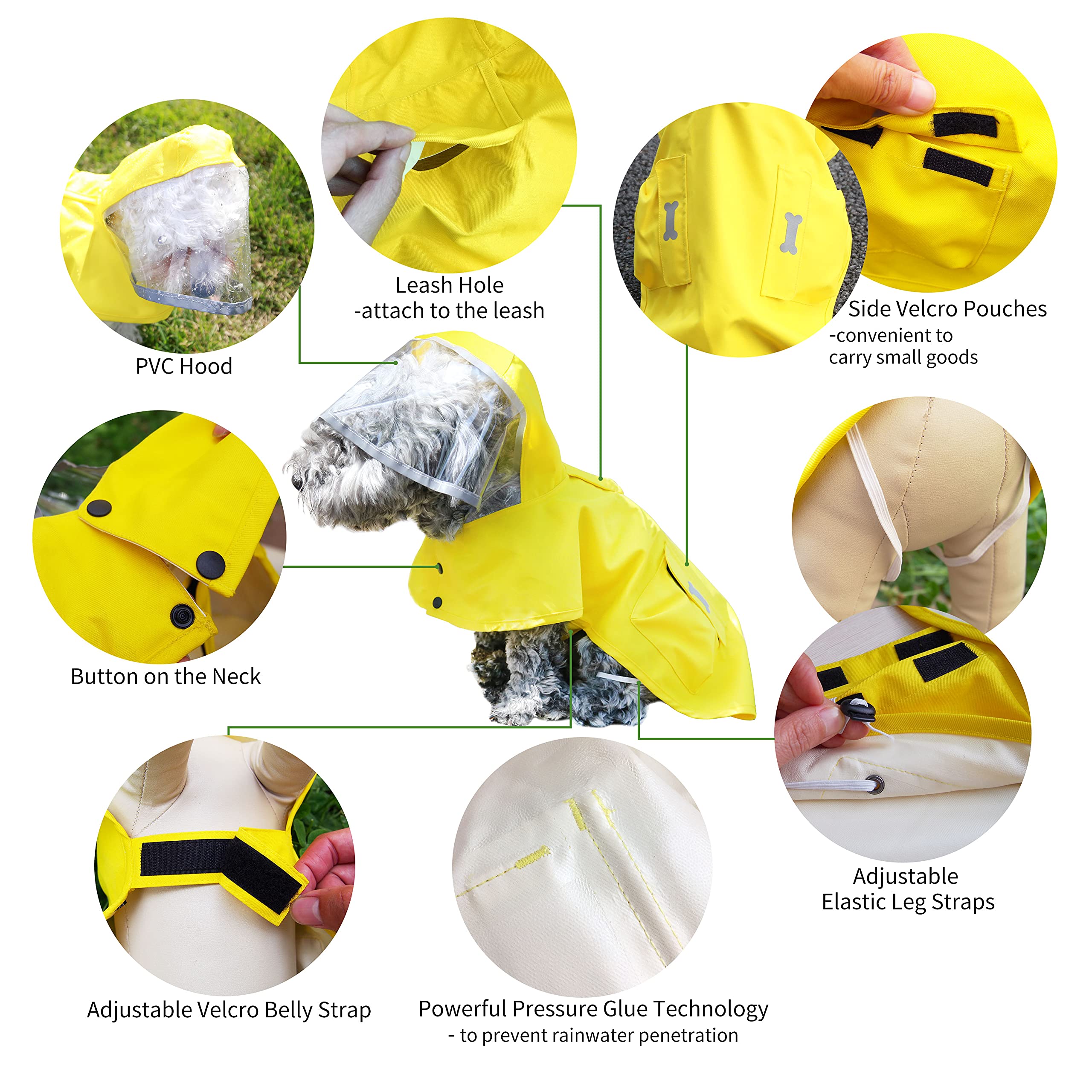 Dog Waterproof Raincoat with Poncho Hoodie, High Reflective Adjustable Yellow Pet Rain Jacket with Leash Hole for Small Medium a