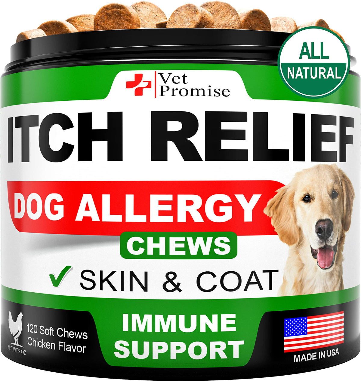 Dog Allergy Relief Chews - Dog Itch Relief Treatment - Anti Itch - Itchy Skin - Dry Skin & Hot Spots - Immune Health Supplement With Probiotics, Omega 3 Fish Oil, Colostrum - Made In Usa - 120 Treats