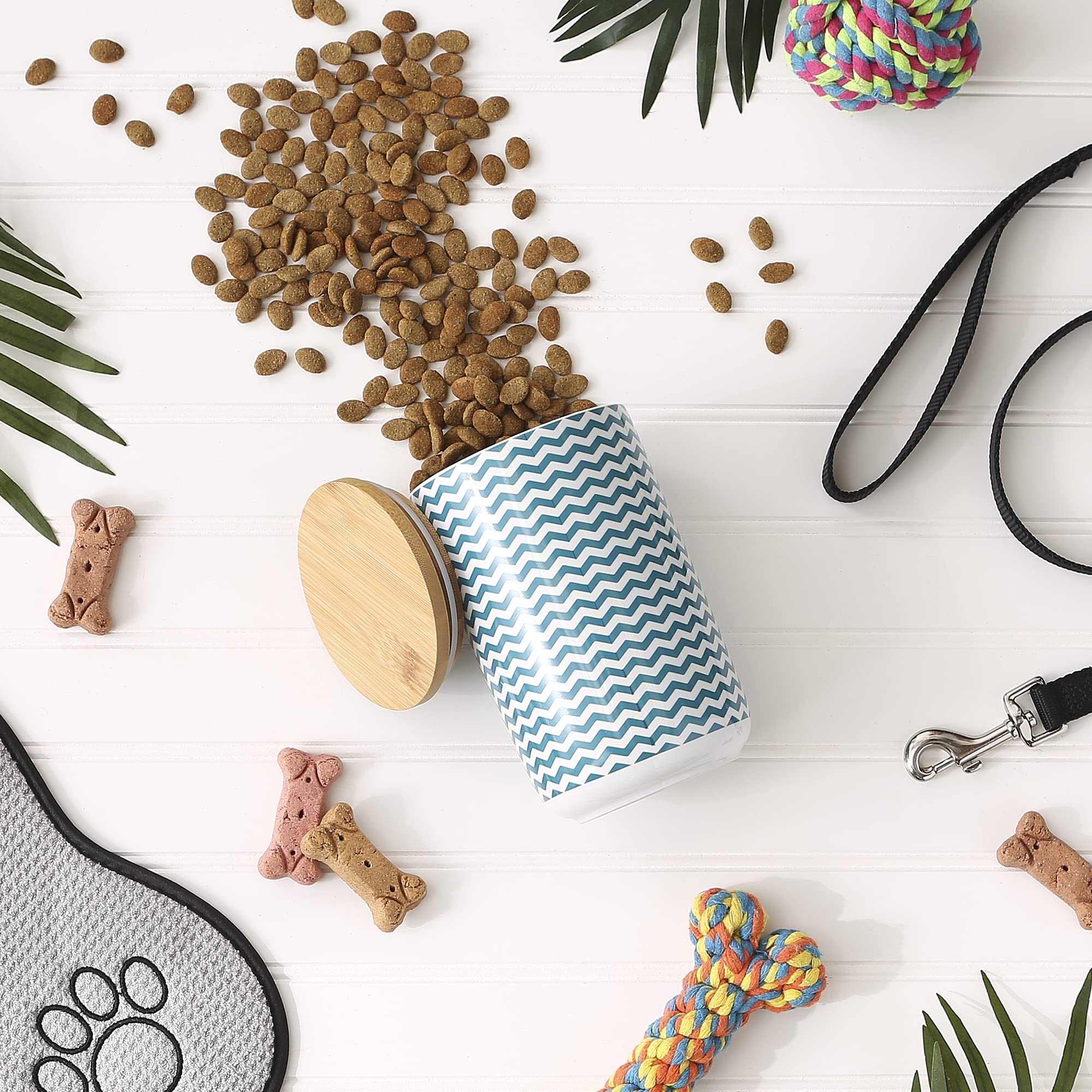 Bone Dry Chevron Ceramic Pet Treat Canister with Bamboo Lid, Dishwasher Safe Countertop Storage, Keep Dog & Cat Treats Safe & Dr