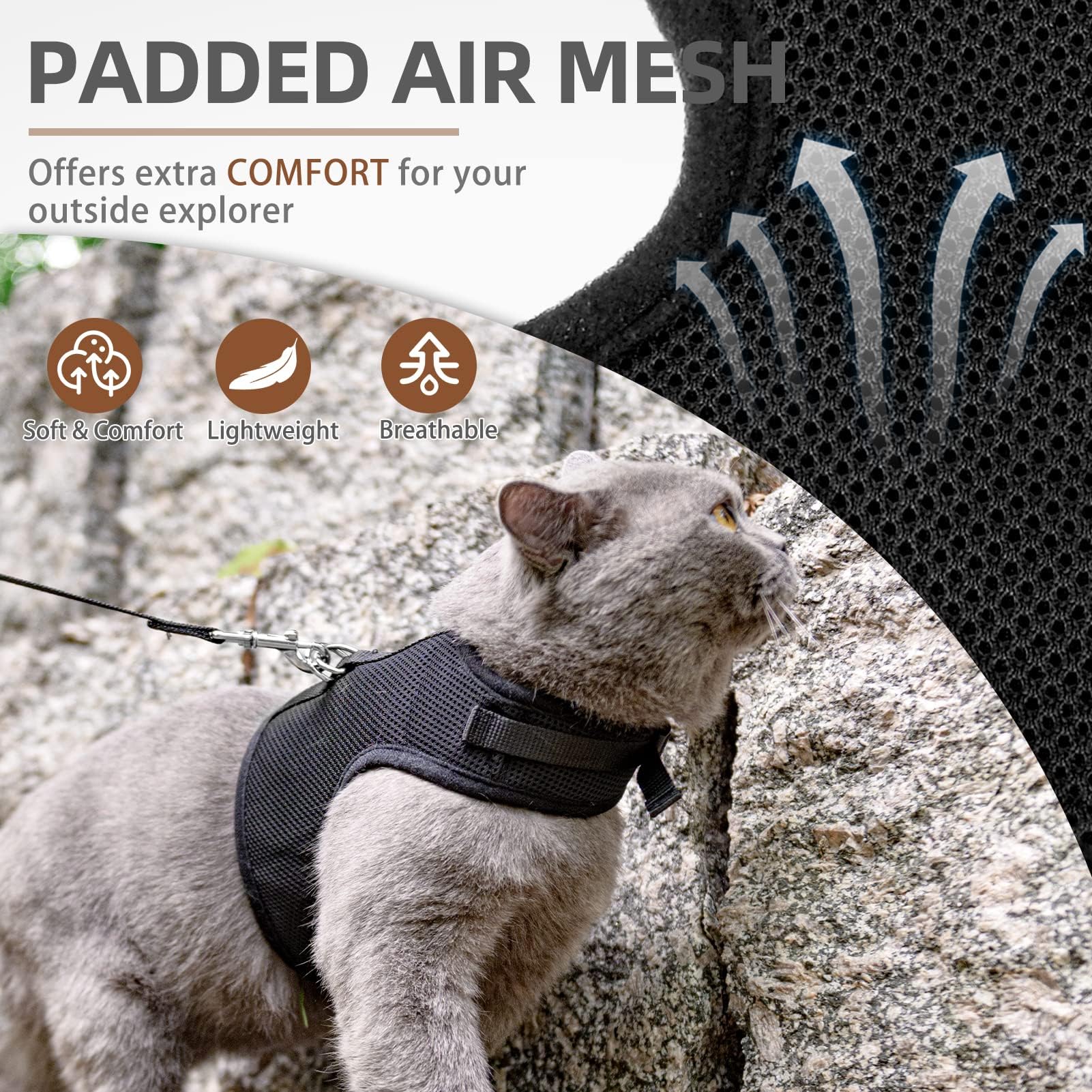 Pupteck Soft Mesh Cat Vest Harness And Leash Set Puppy Padded Pet Harnesses Escape Proof For Cats Small Dogs Rabbits Bunny, Black Large