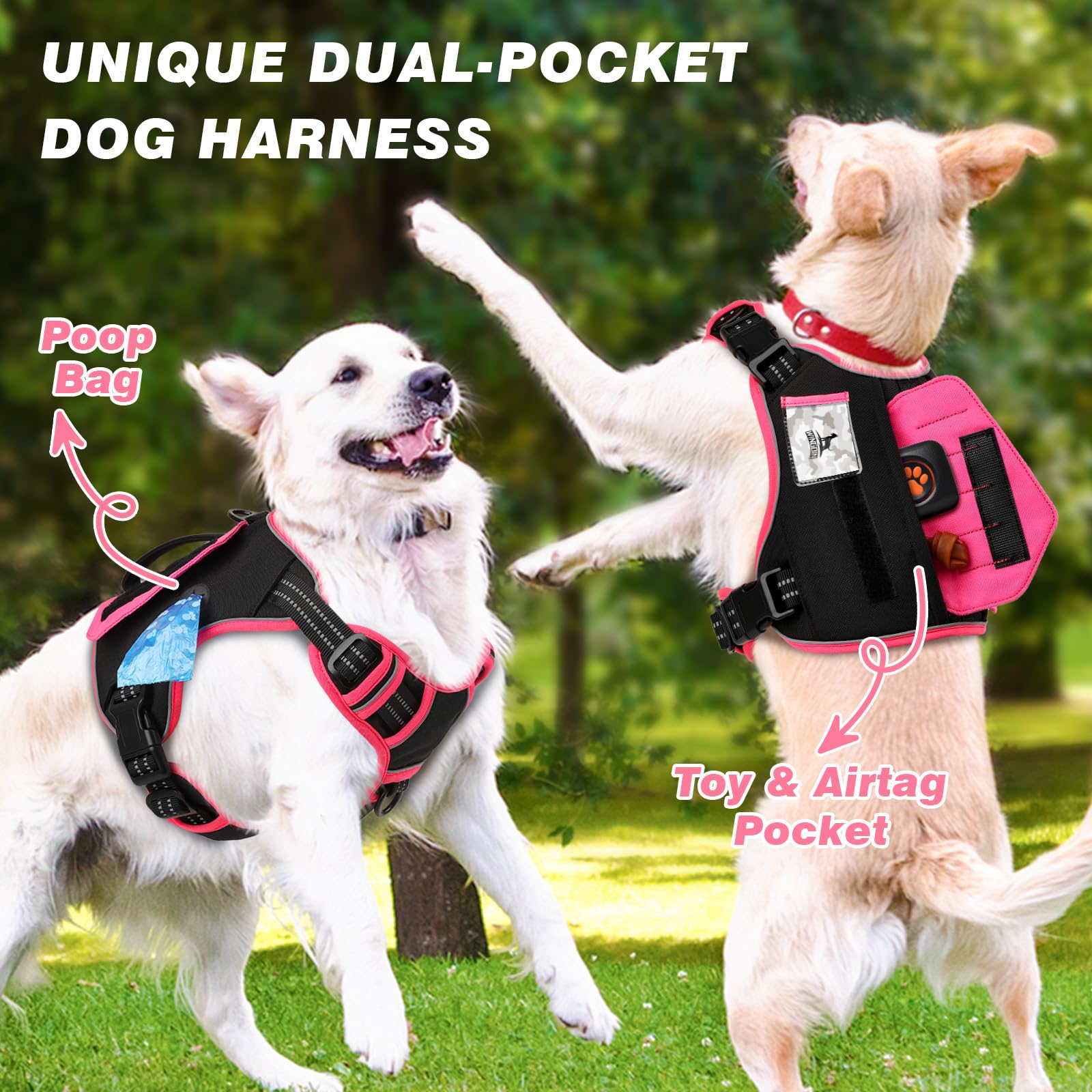 Wingoin Tactical Dog Harness For Small Dogs, No Pull Harness With Handle Pockets Poop Bag, Reflective Dog Vest, Military Service Heavy Duty Big Dog Harness For Walking Hiking Training, Black Pink, S