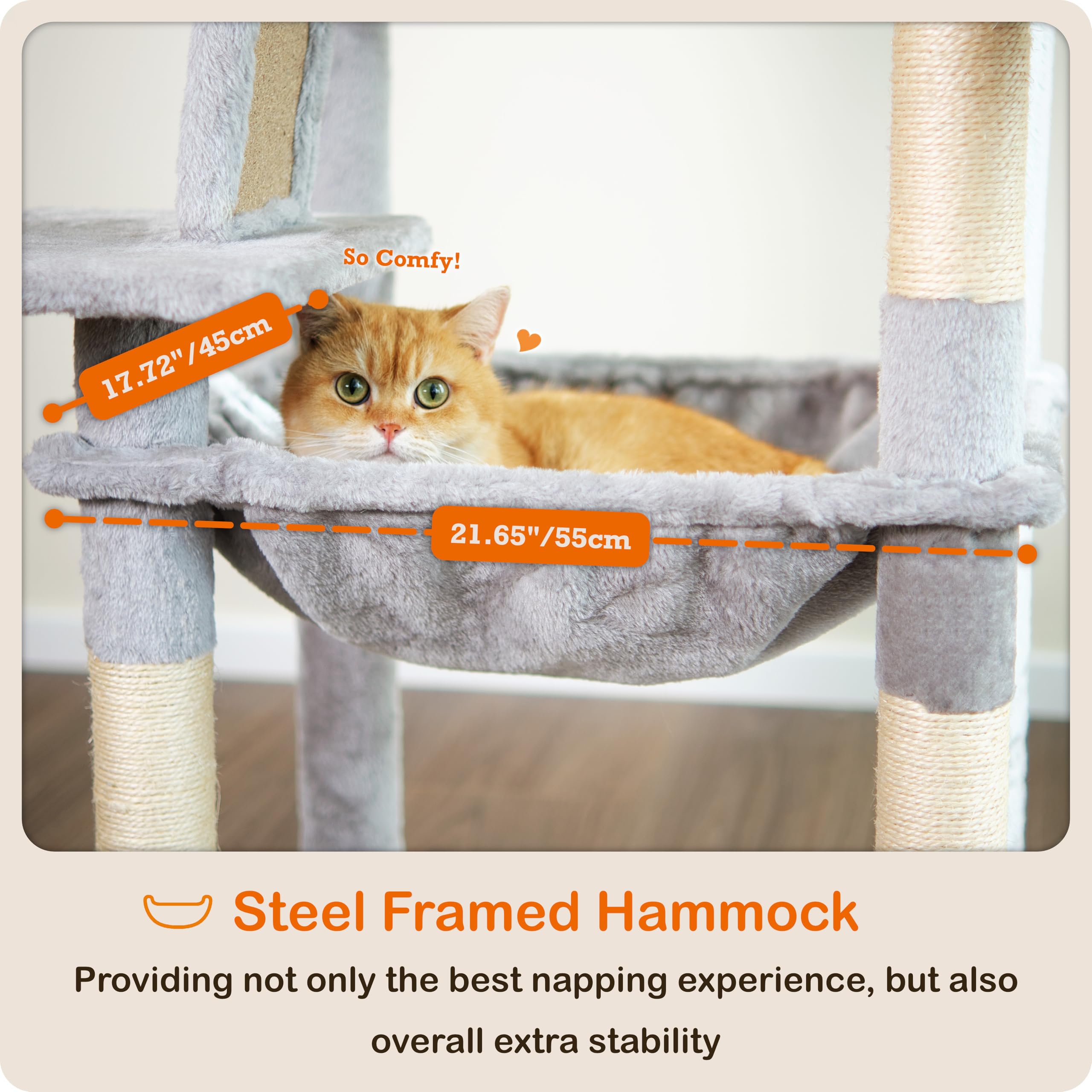 Ouritsu Cat Tree, 56 Inch Tall Cat Tower For Large Cat Indoor, Large Condo, 2 Padded Perches, Steel-Framed Hammock, Scratching P