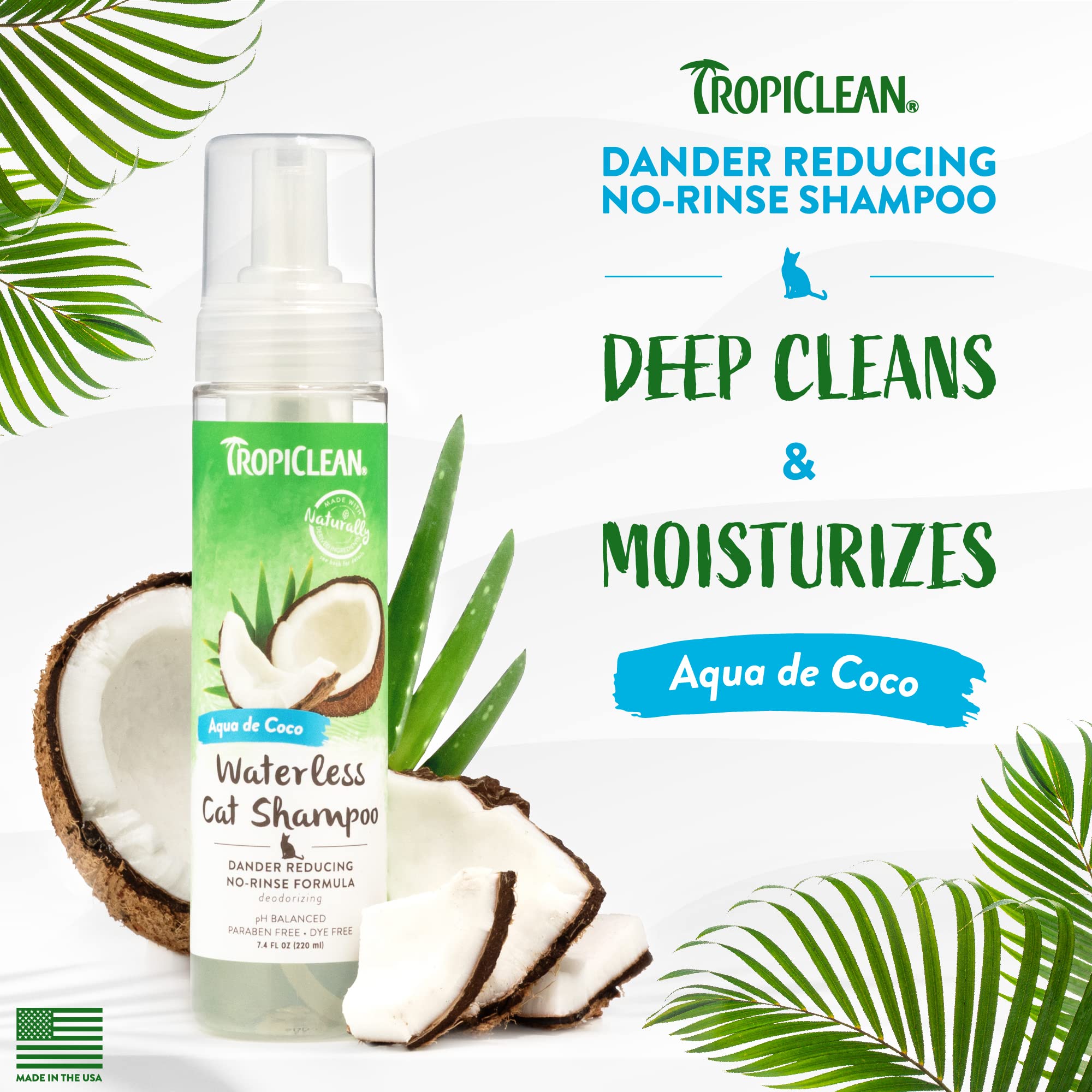 TropiClean No Rinse Waterless Cat Shampoo | Dandruff Treatment | Moisturizing Dry Shampoo for Dry Skin | USA Made | Aqua de Coco