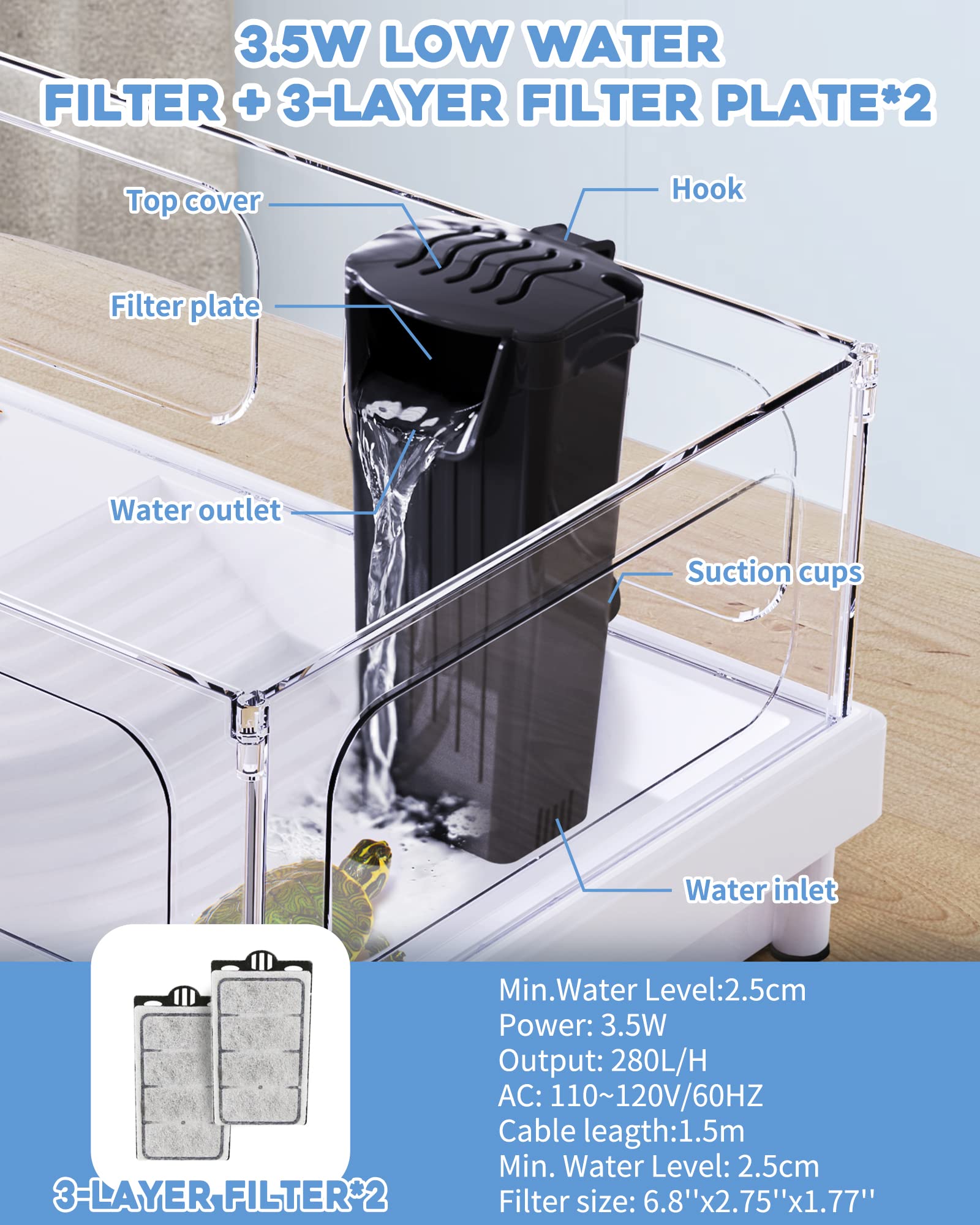 Moonorange Aquarium Filter(3.5W), Fish Tank Filter, Turtle Tank Filter, Low-Water Filter For Small Fish Tank, Reptile Tank Up To