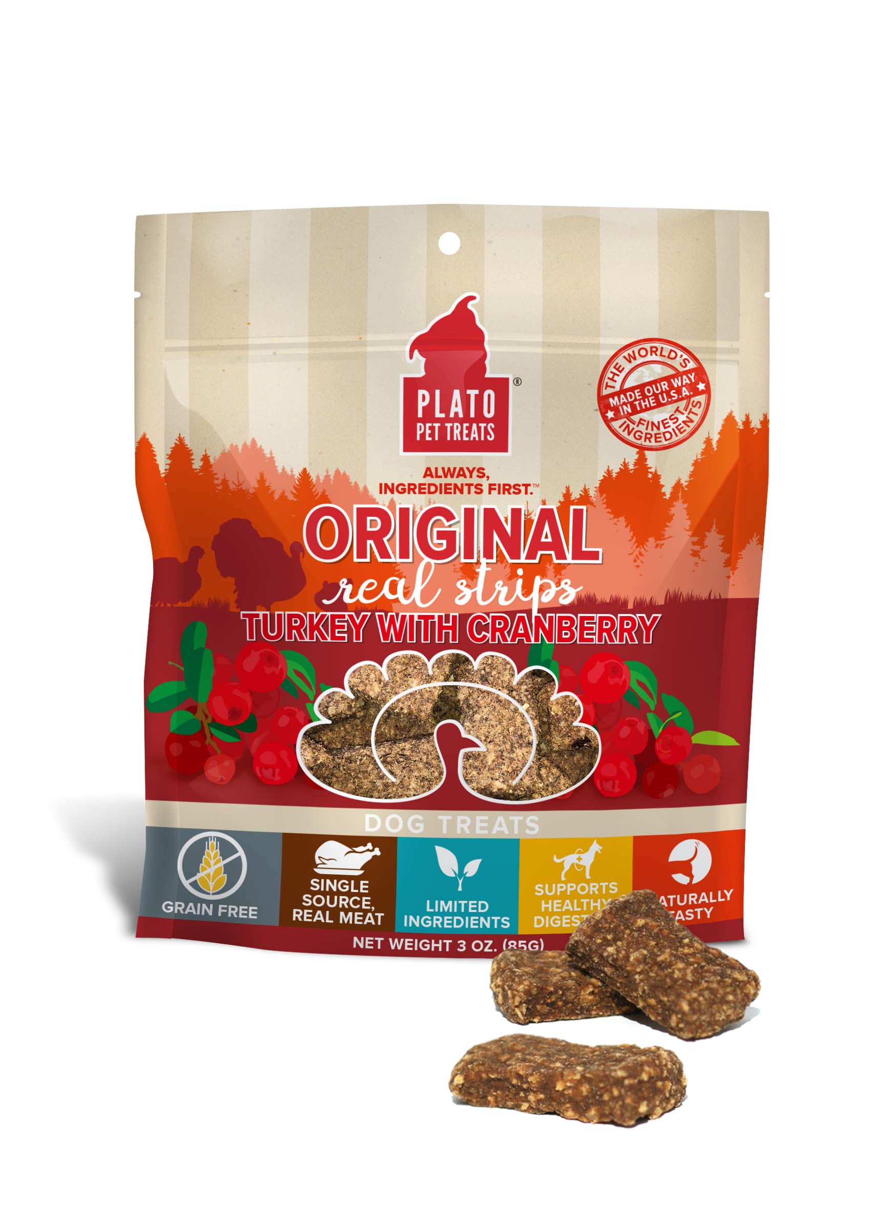 PLATO Turkey Real Strips Natural Dog Treats - Real Meat - Air Dried - Made in the USA - Turkey & Cranberry, 3 ounces