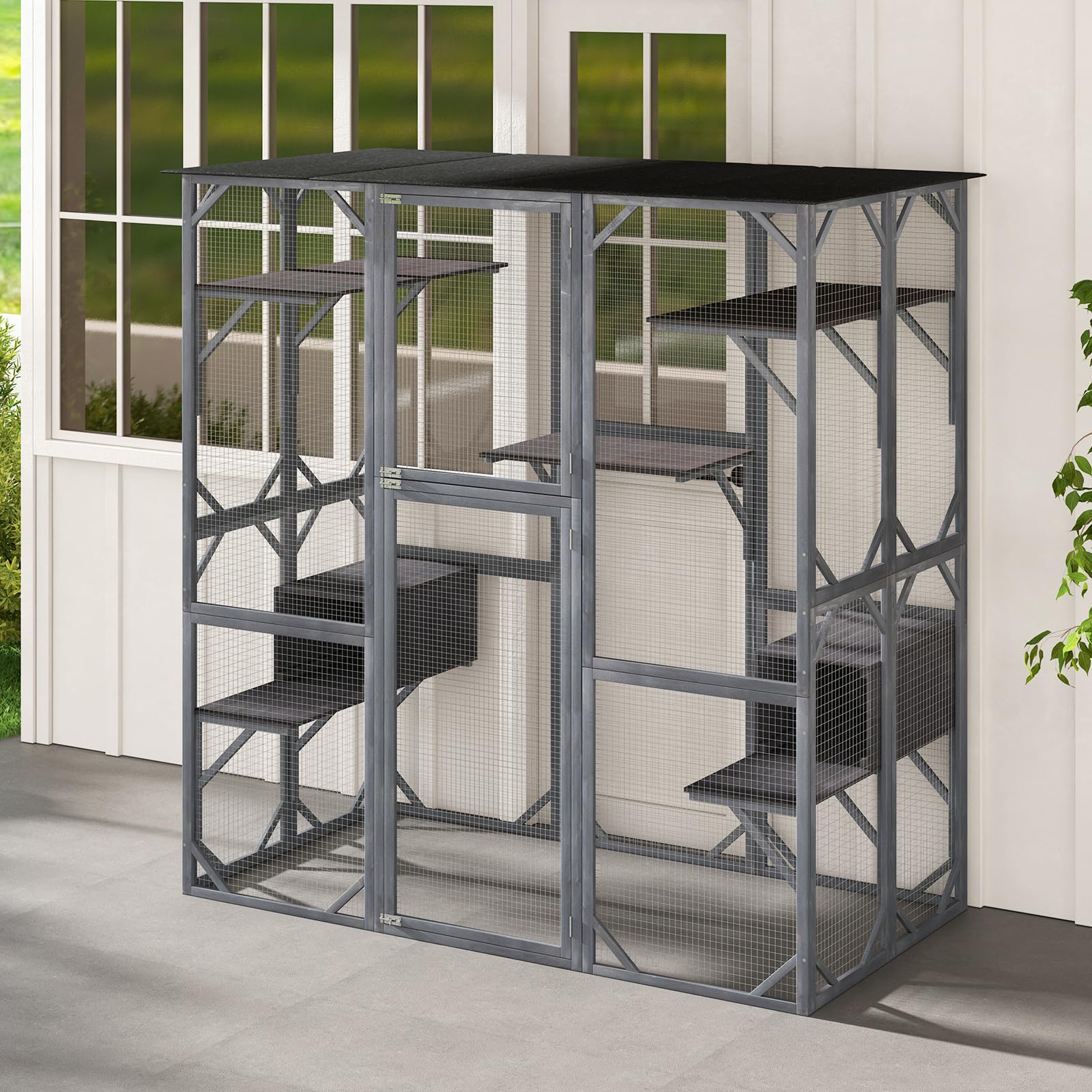 Petsite Large Wooden Cat House, 71 Inch Tall Outdoor Catio Kitten Enclosure W/Weatherproof Asphalt Roof, Walk-In Cat Kennel Cond