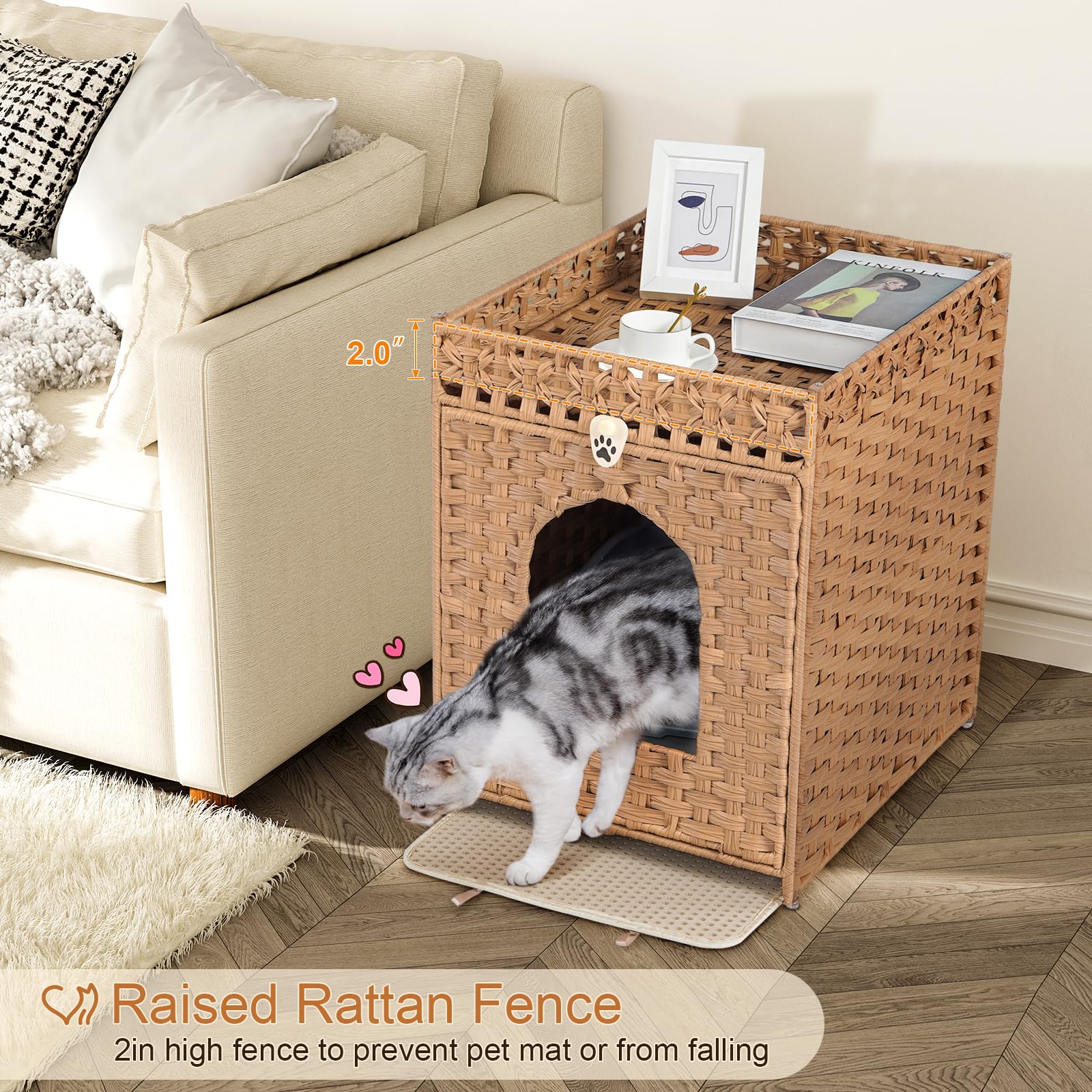 Snughome Cat Litter Box Enclosure Furniture Hidden With Cat Litter Mat, Hidden Cat Washroom Furniture With Door, Handwoven Ratta