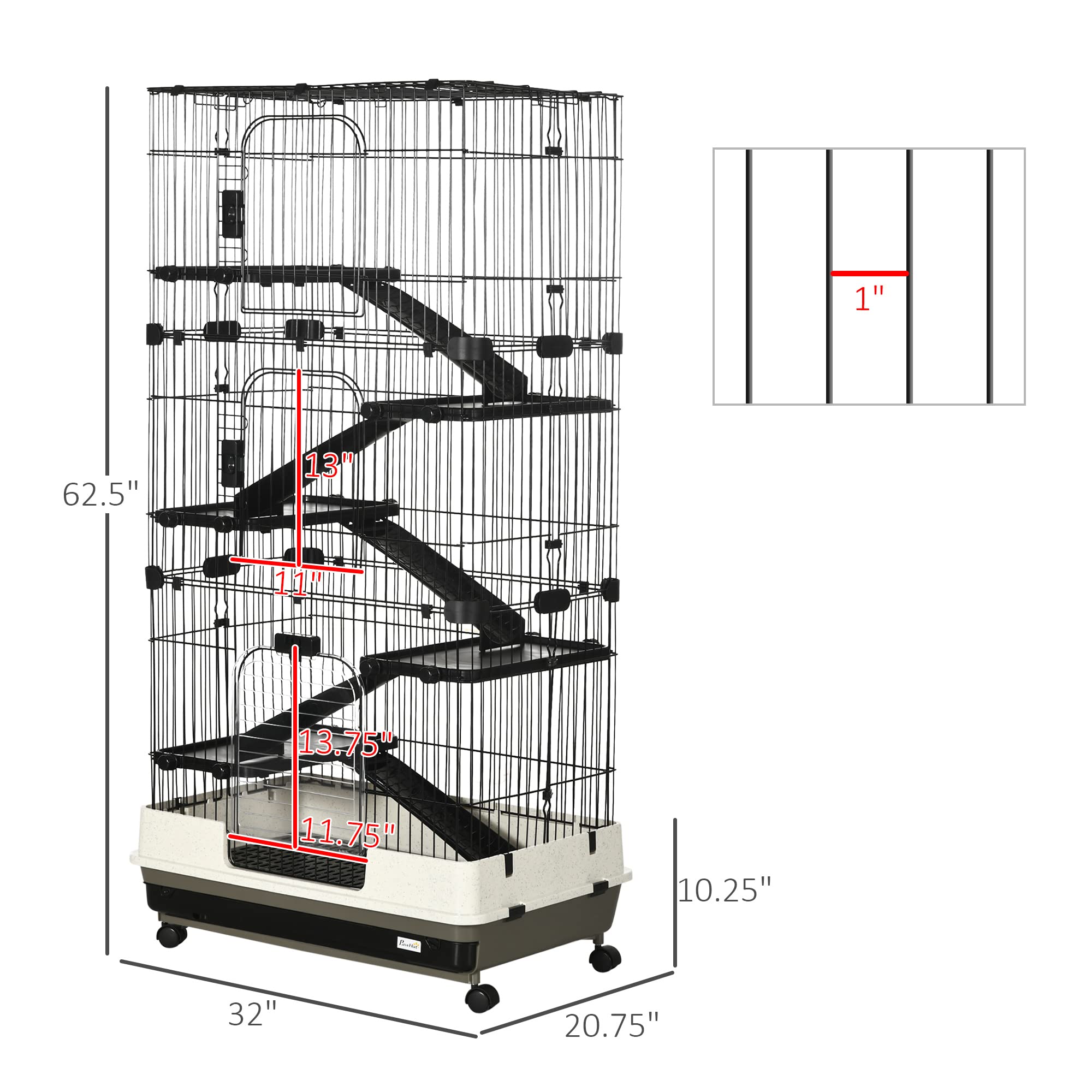 Pawhut 6-Level Small Animal Cage Rabbit Hutch With Wheels, Removable Tray, Platform And Ramp For Bunny, Chinchillas, Ferret, Black