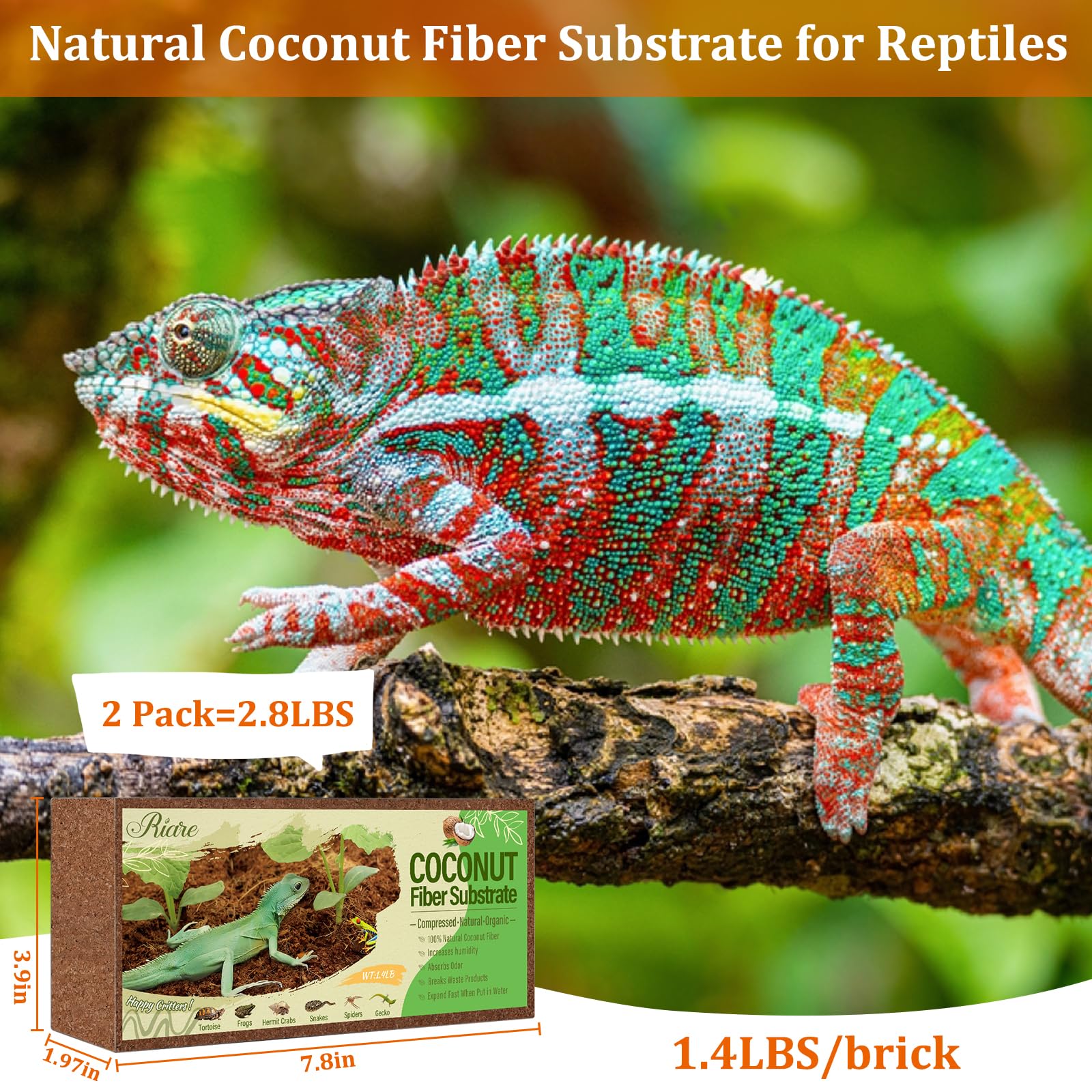 Riare 2 Pack Natural Coconut Fiber Substrate For Reptile- Premium Compressed Coconut Husk Terrarium Bedding For Reptile, Tortois