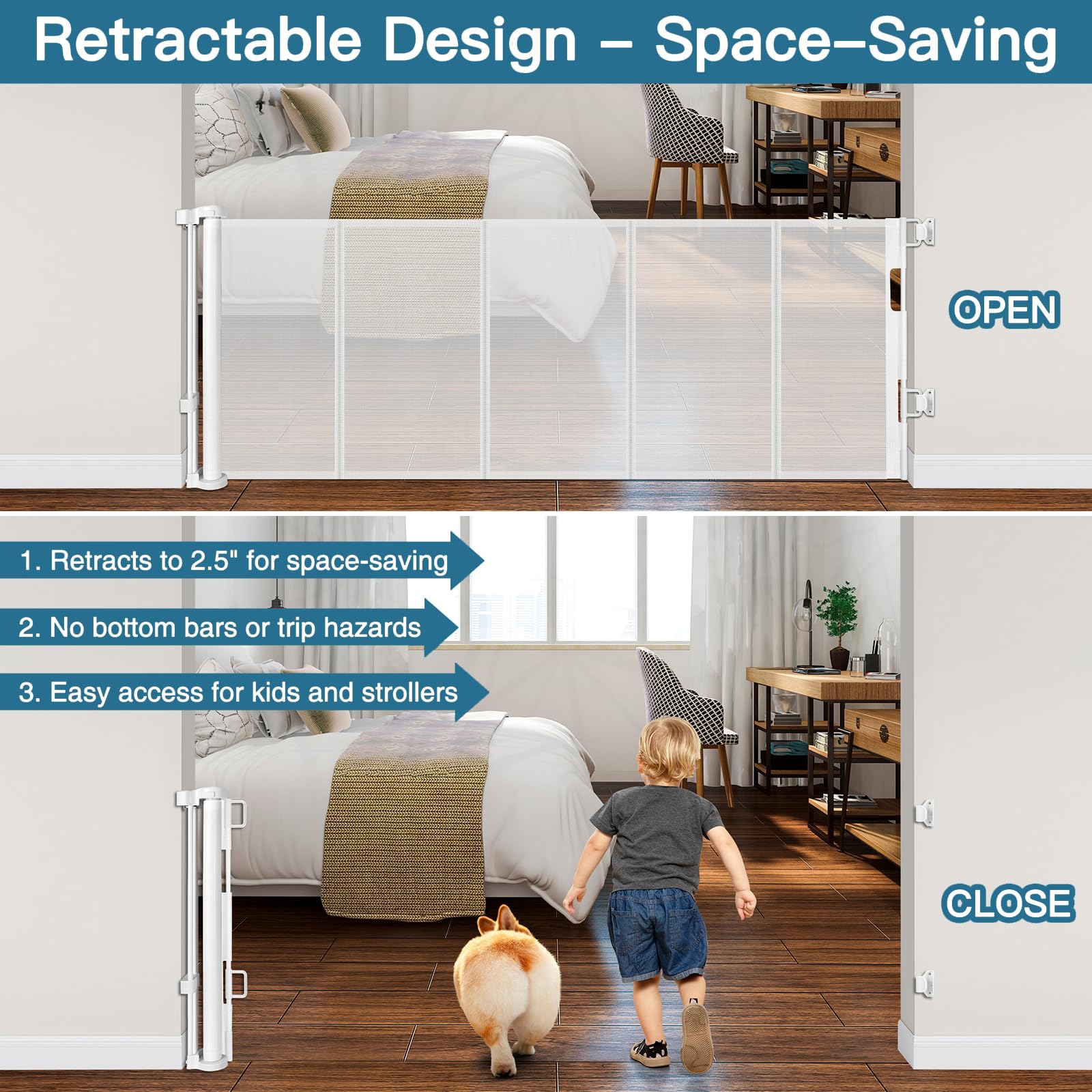 28'' Tall Retractable Dog Gate, 80'' Wide Reinforced Retractable Baby Gates with Support Rods, Walk Through Baby Gate Easy Step-