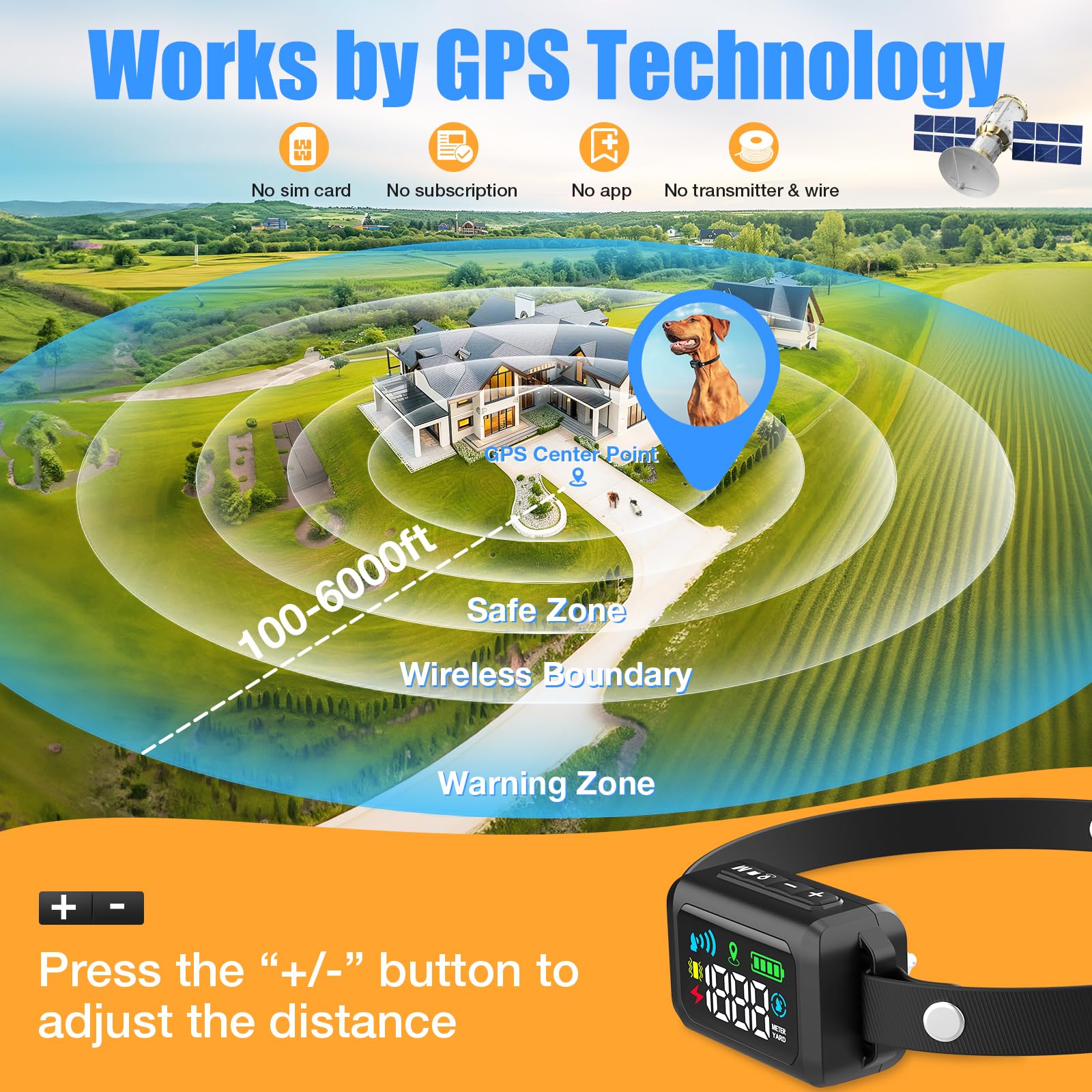 Gps Wireless Dog Fence, Rechargeable Electric Collar Fence, Adjustable Electric Satellite Technology Pet Containment System For