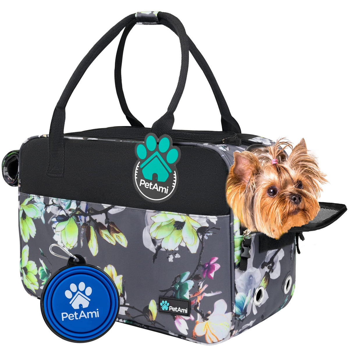 Petami Dog Purse Carrier For Small Dogs, Airline Approved Soft Sided Pet Carrier With Pockets, Ventilated Dog Carrying Bag For Puppy Cat, Dog Travel Supplies Bag, Sherpa Bed, Max 12 Lbs, Floral Gray