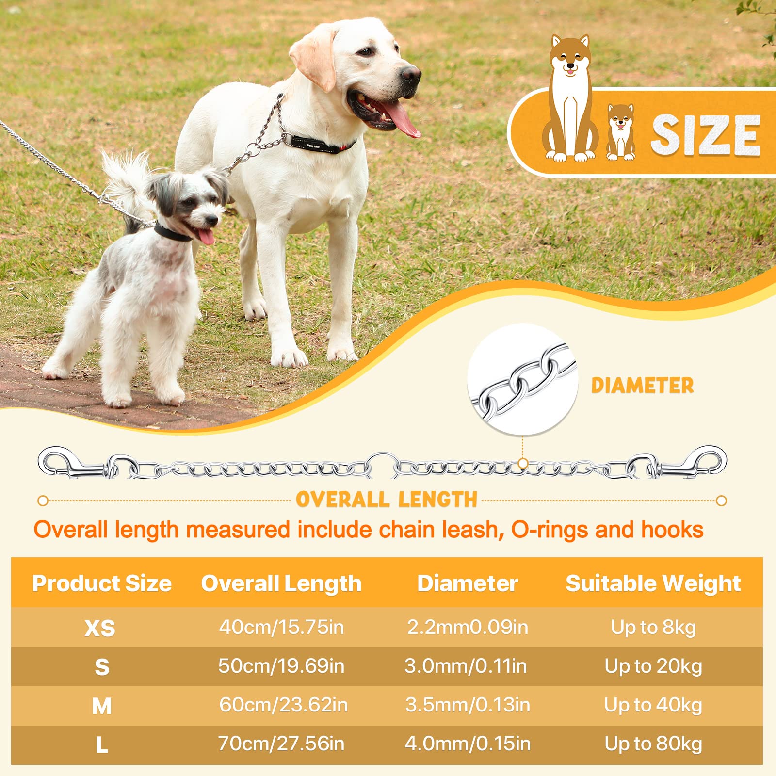 Pettom Heavy Duty 2 Way Dog Lead Metal Chain Double Pet Clip Leash Coupler (M 3.5Mm*60Cm Double Leash, Silver)