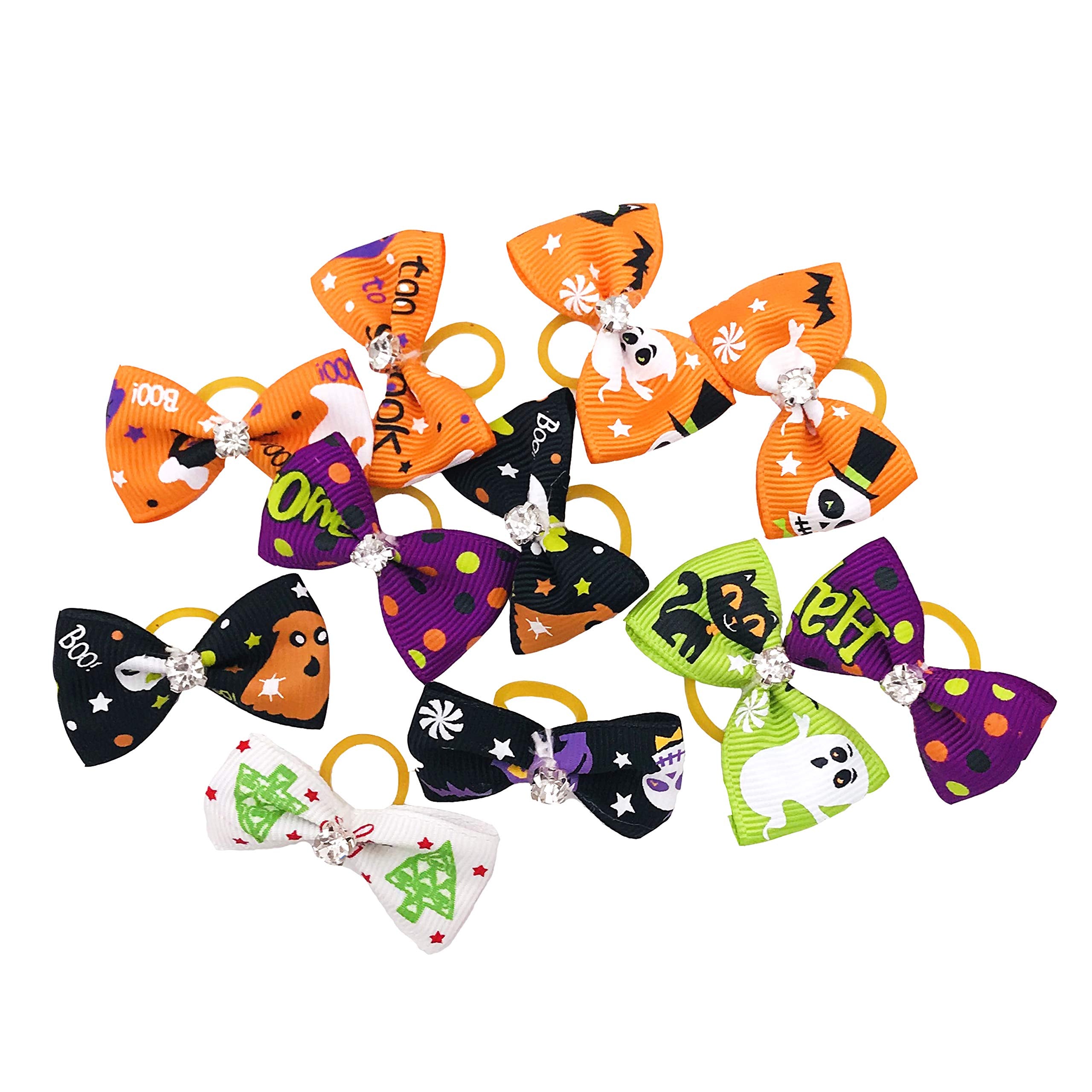 Jpgdn 50Pcs Halloween Small Dogs Hair Bows Puppy Hair Bow Ties With Pumpkin Skull Bat Ghost Rhinestone For Doggie Cat Kitten Rabbit Medium Pet Hair Flowers Bowknot Grooming Accessories Attachment
