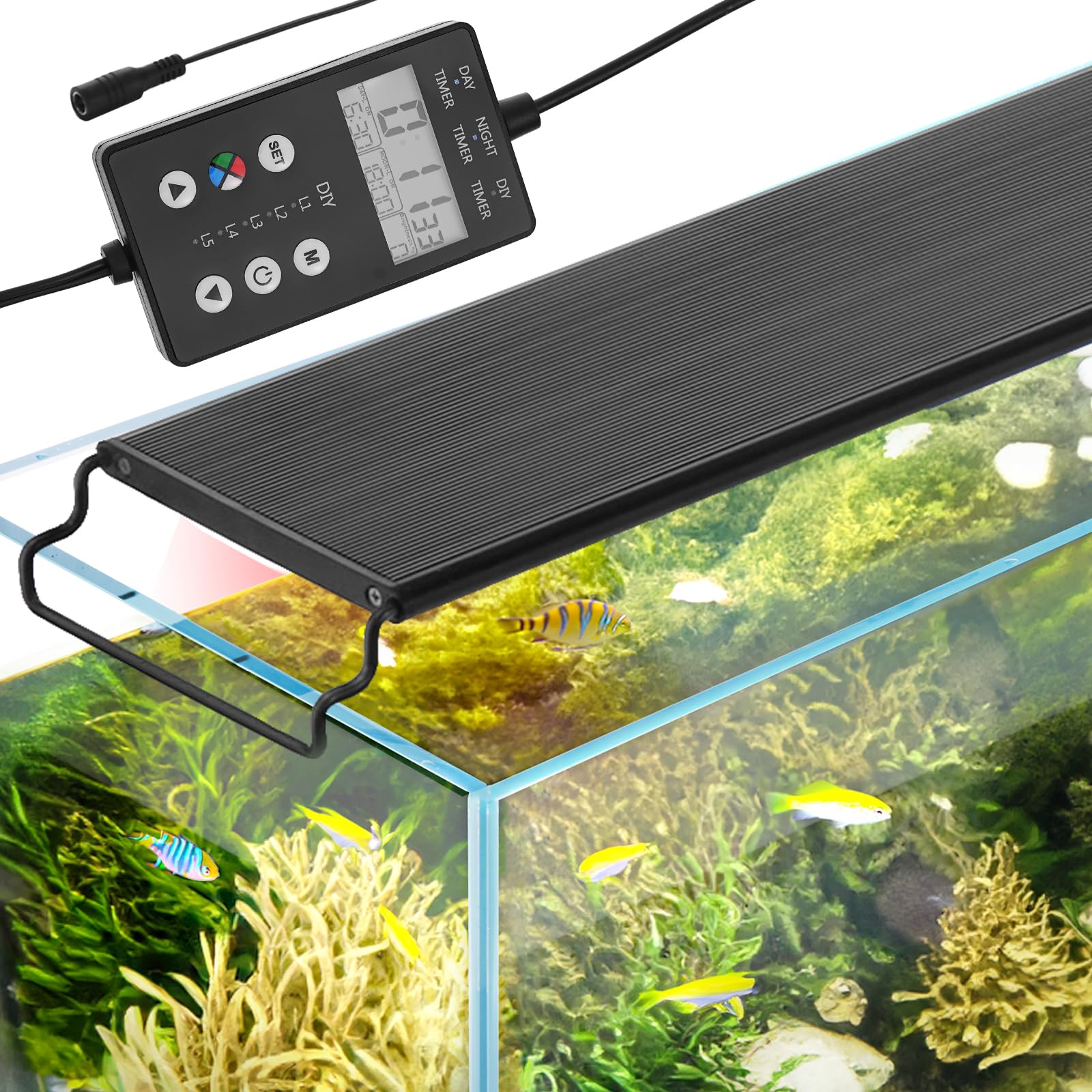 Vevor Aquarium Light With Lcd Monitor, 22W Full Spectrum Fish Tank Light With 24/7 Natural Mode, Adjustable Brightness & Timer -