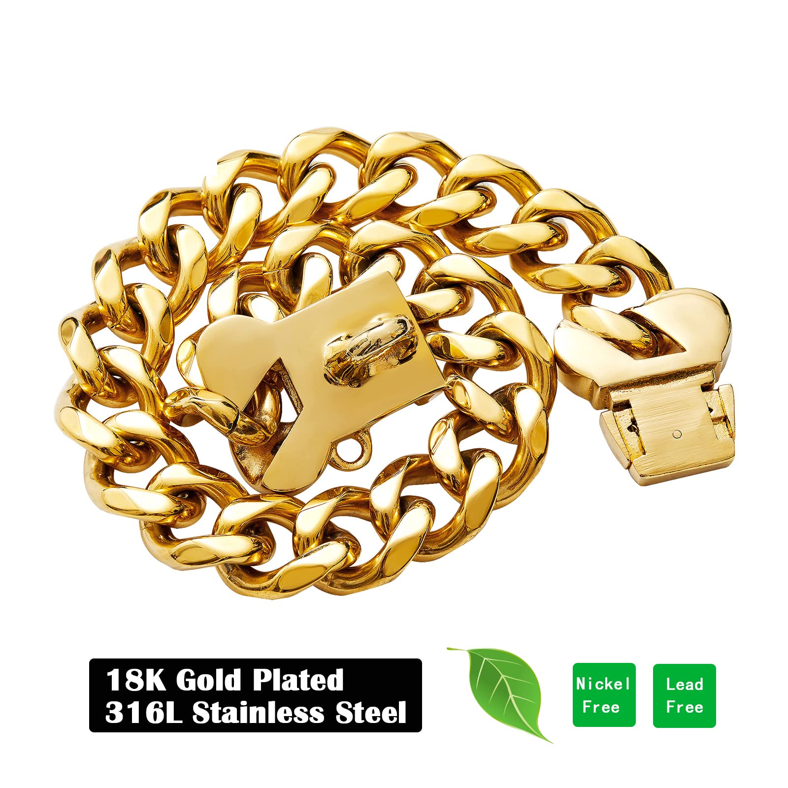 Strong Stainless Steel Gold Chain Dog Collar,Heavy Duty Chew Proof Big Dog Chain,Fashion Cuban Link Necklace Collar for Large Do