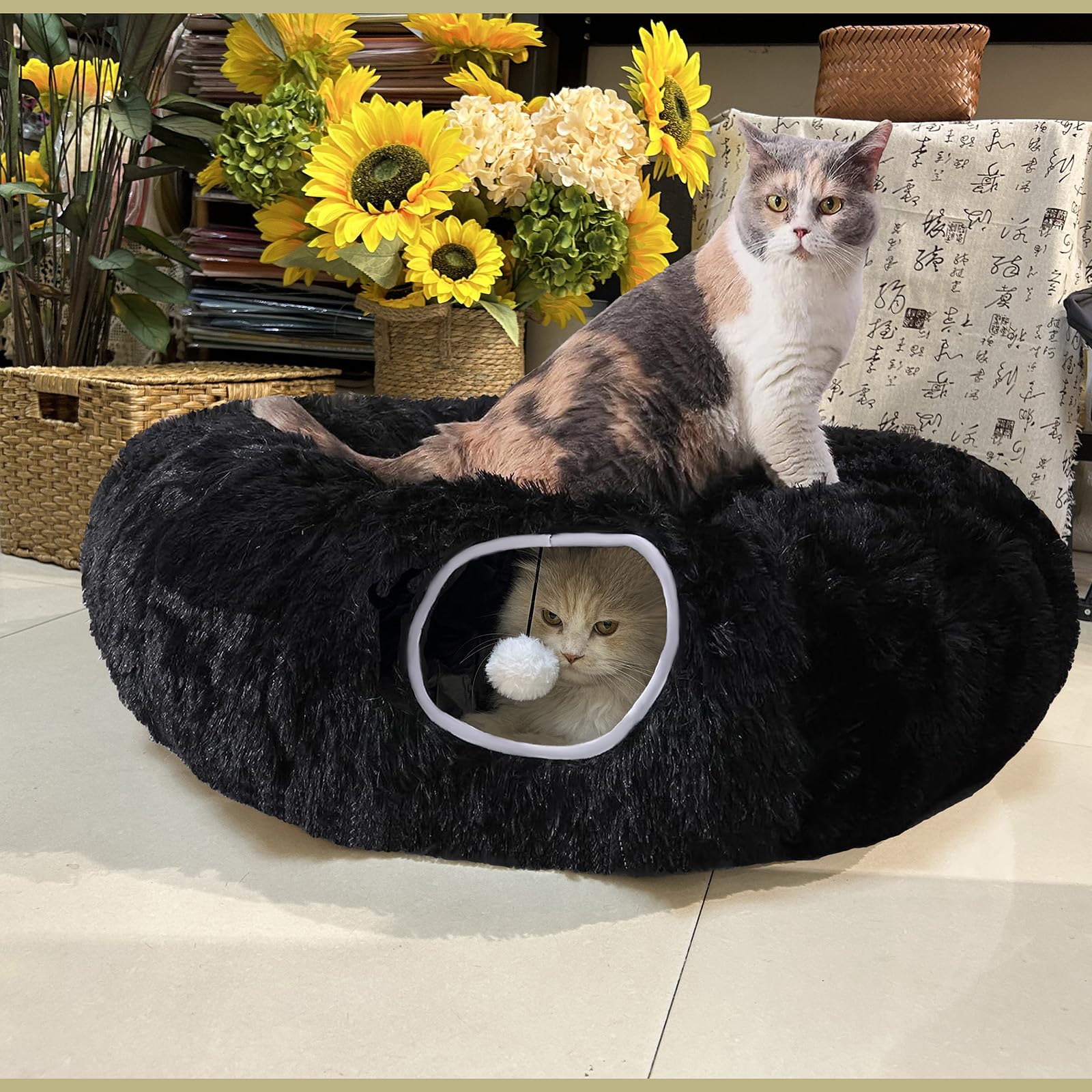 Mabaytir Cat Tunnel Bed For Indoor Cats Black Plush, Collapsible Play Tube With Removable Cushion, Sturdy Cat Toy Playhouse, Sof