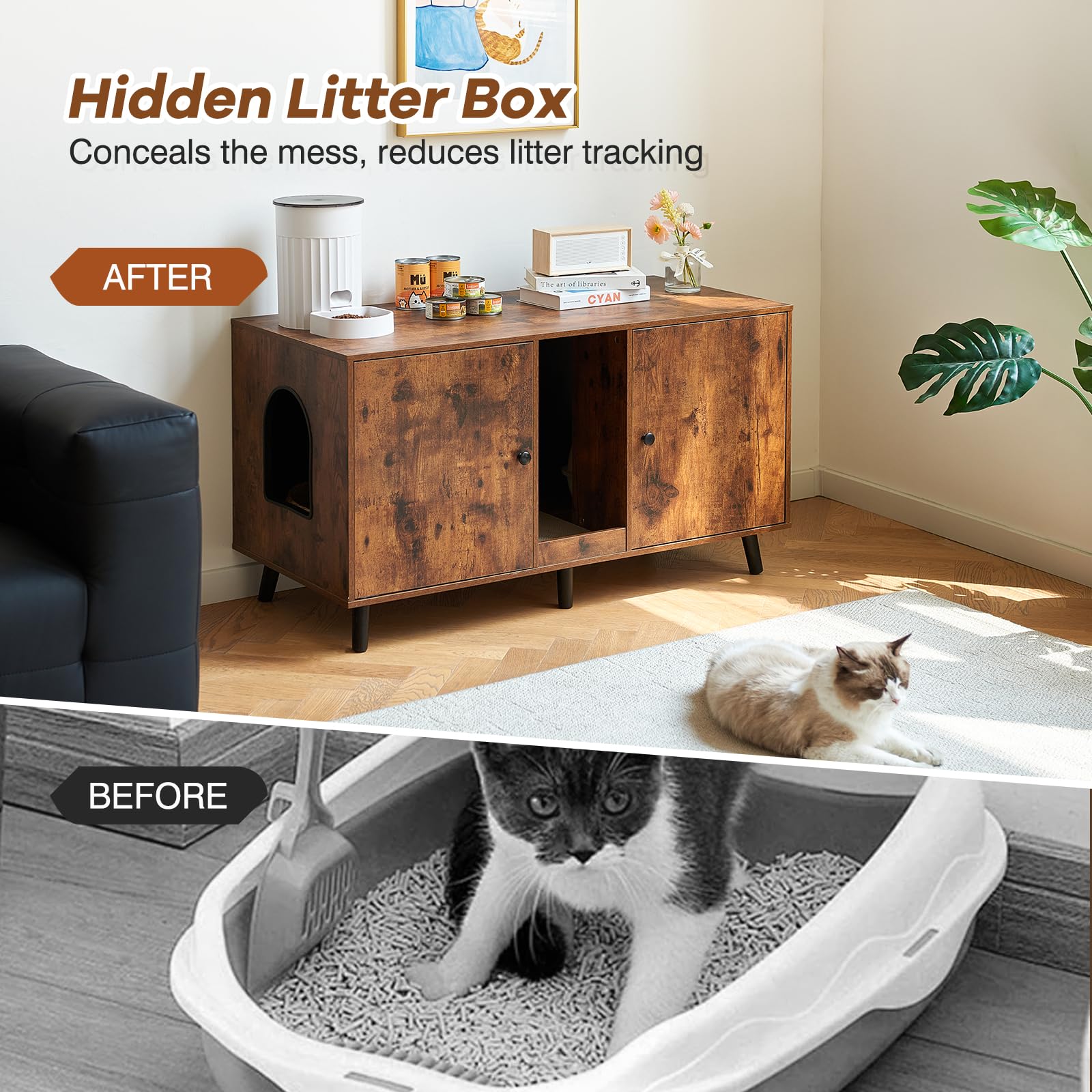 JanflyHome Litter Box Furniture for 2 Cats - Farmhouse Hidden Cat Litter Box Enclosure Cabinet Furniture Double Room, 42.3 TV St