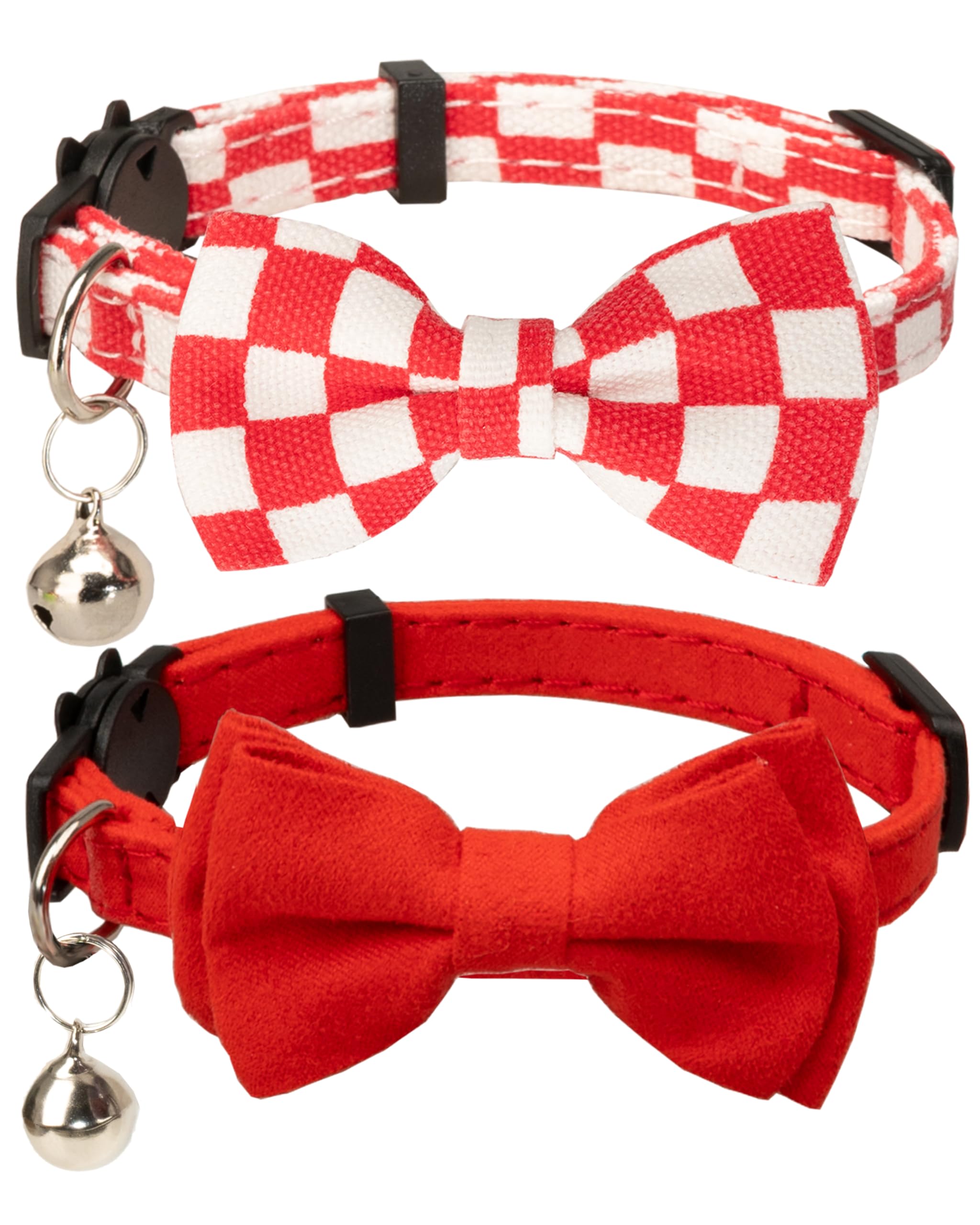Gyapet Collar For Cats Pets Breakaway With Bell Bowtie Floral Bow Detachable Adjustable Safety Puppy 2Pcs Plaid & Solid-Red