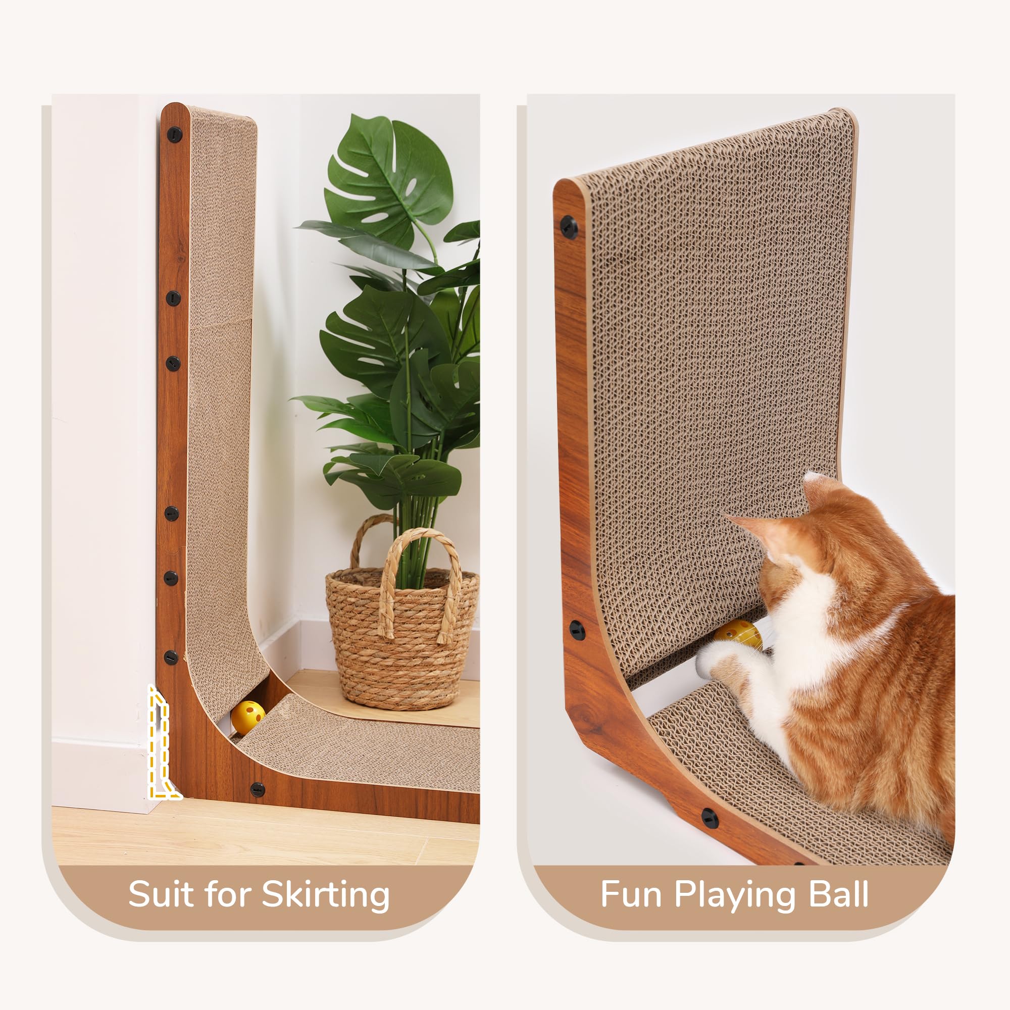 FUKUMARU Cat Scratcher, 26.8 Inch Cat Scratch Pad for Indoor Cats, L Shaped Cardboard Vertical Cats Scratching Board with Ball T