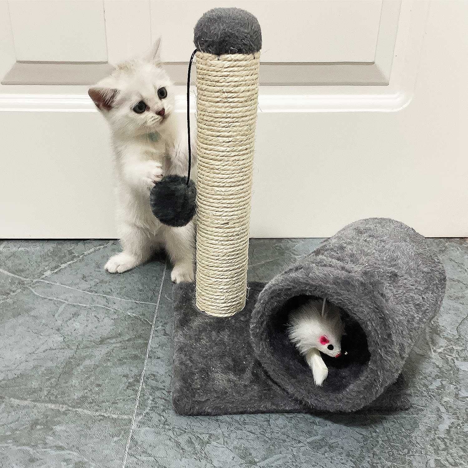 Cat Scratching Post Cat Kitten Sisal Scratch Post Toy W/Tunnel & Lifelike Mouse Toy Pet Activity Play Fun