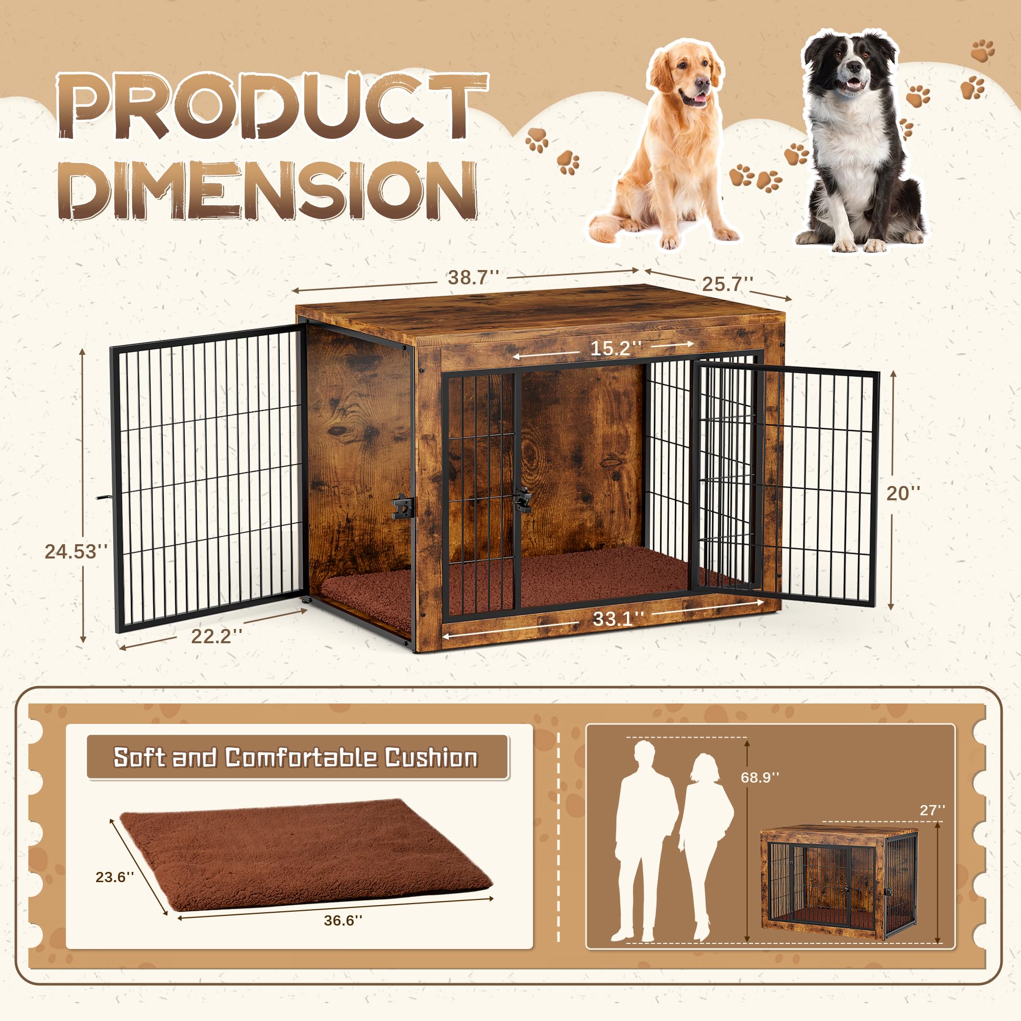Dog Crate Furniture with Cushion, Indoor Dog Kennel with Double Doors, Side End Table Dog Cage, Pet House for Small/Medium/Large