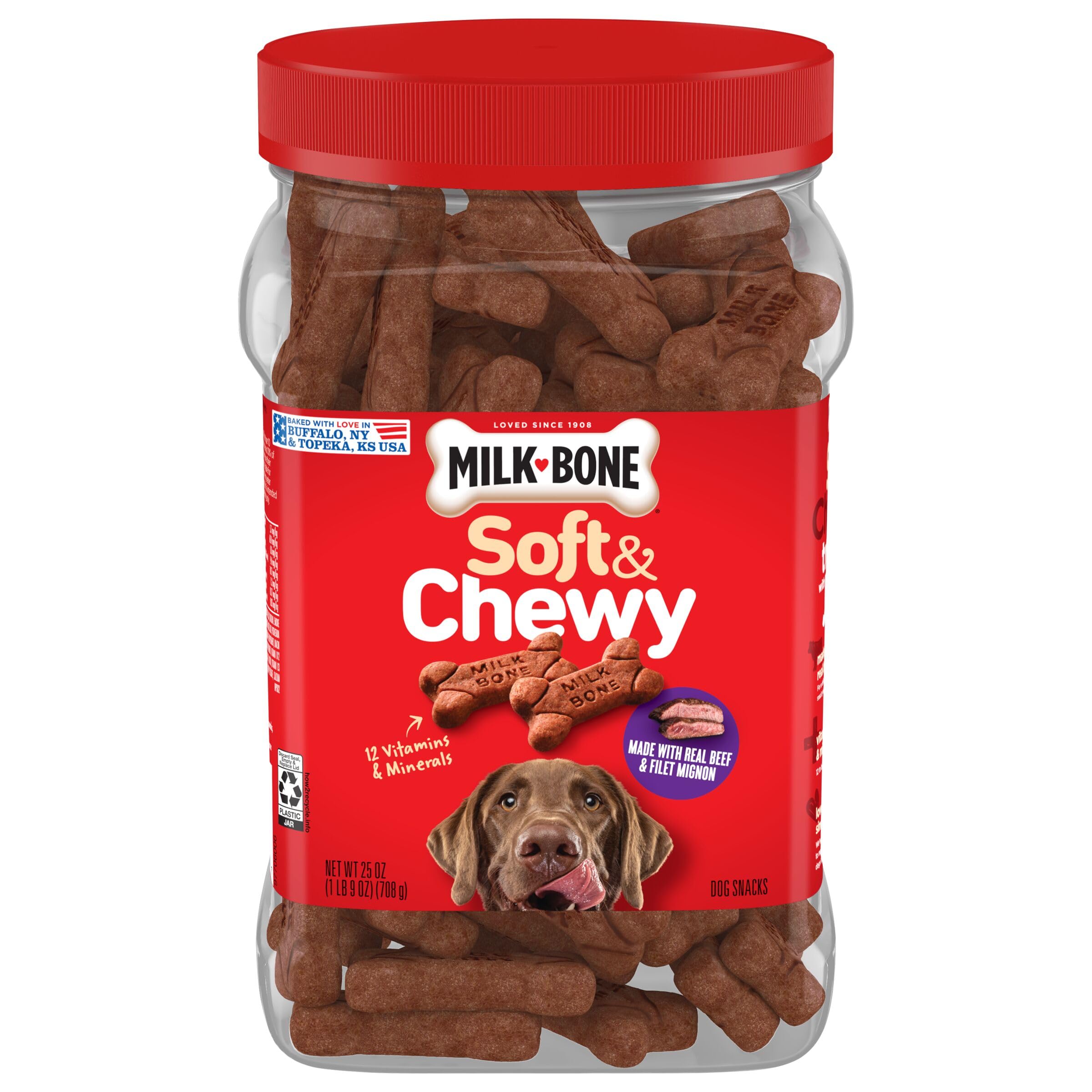 Milk-Bone Soft & Chewy Dog Treats, Beef & Filet Mignon Recipe, 25 Ounce Made with Real Chuck Roast