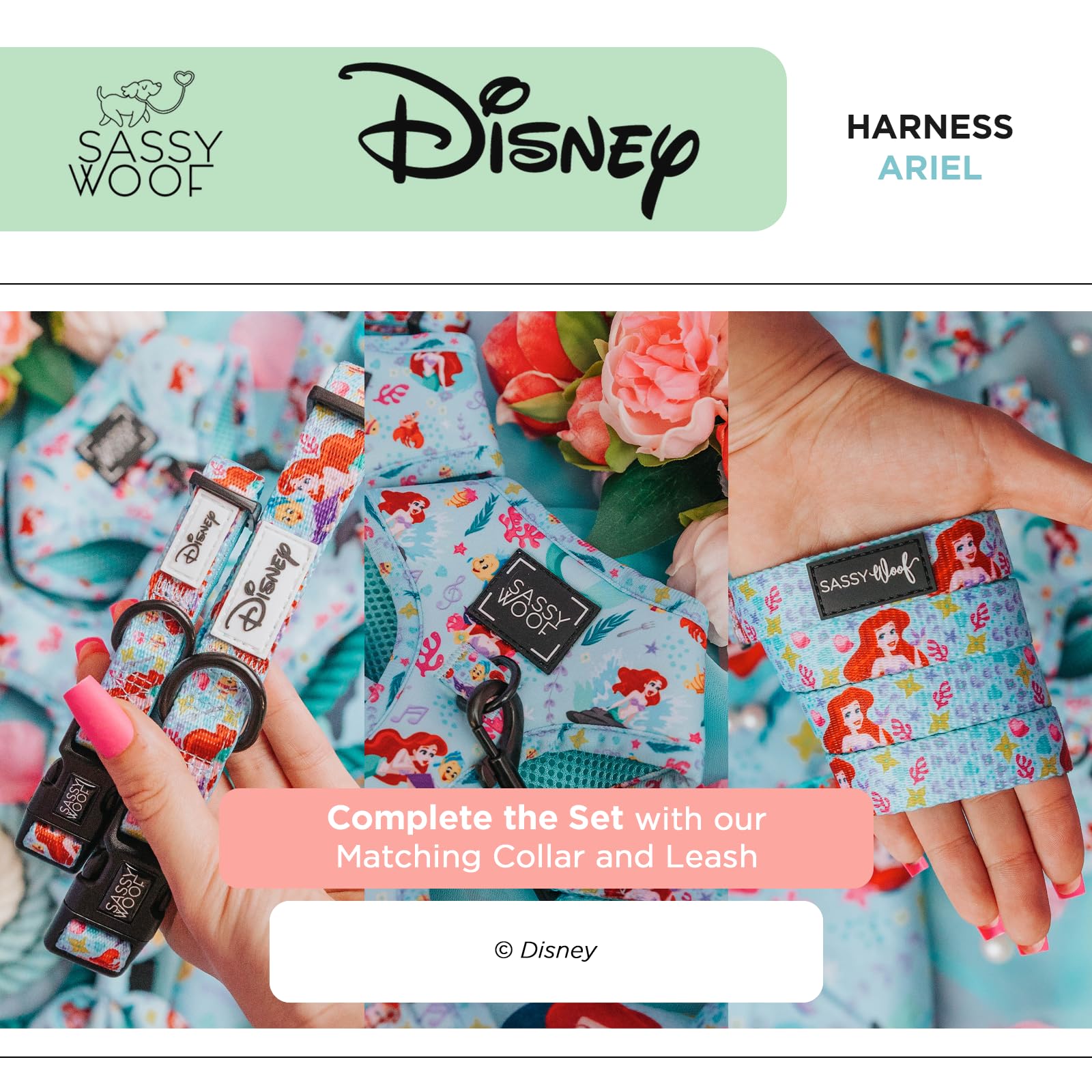 Sassy Woof Dog Adjustable Harness - Disney Princess Little Mermaid Ariel - Xl, Breathable Mesh, No Pull Design With Two D-Rings,