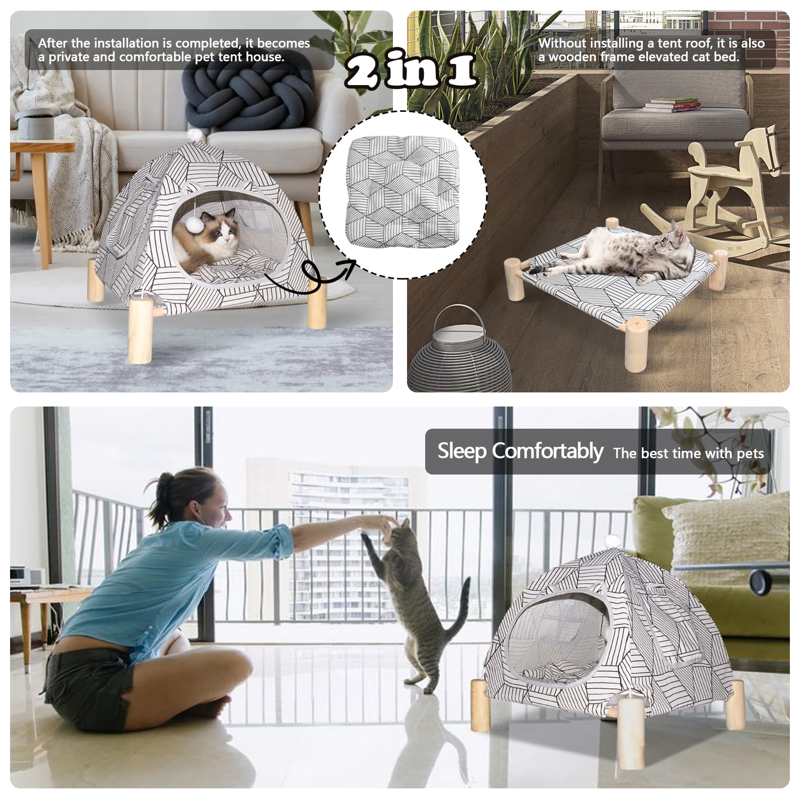 Nockovi 2-In-1 Elevated Cat Tent Cat House, Quick Assembly And Disassembly, Portable Indoor/Outdoor Cute Cat Bed Cave-White Diam