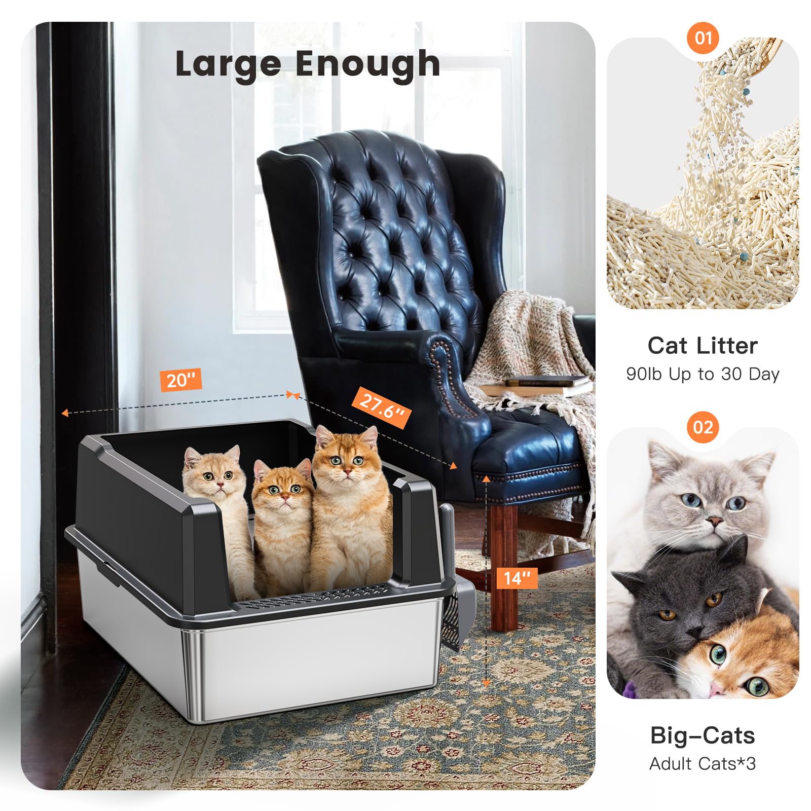 Woofigo Xxl Stainless Steel Cat Litter Box With High Sided, 27.6'' L X 20'' W X 14'' H Extra Large Litter Box For Big Cats And M