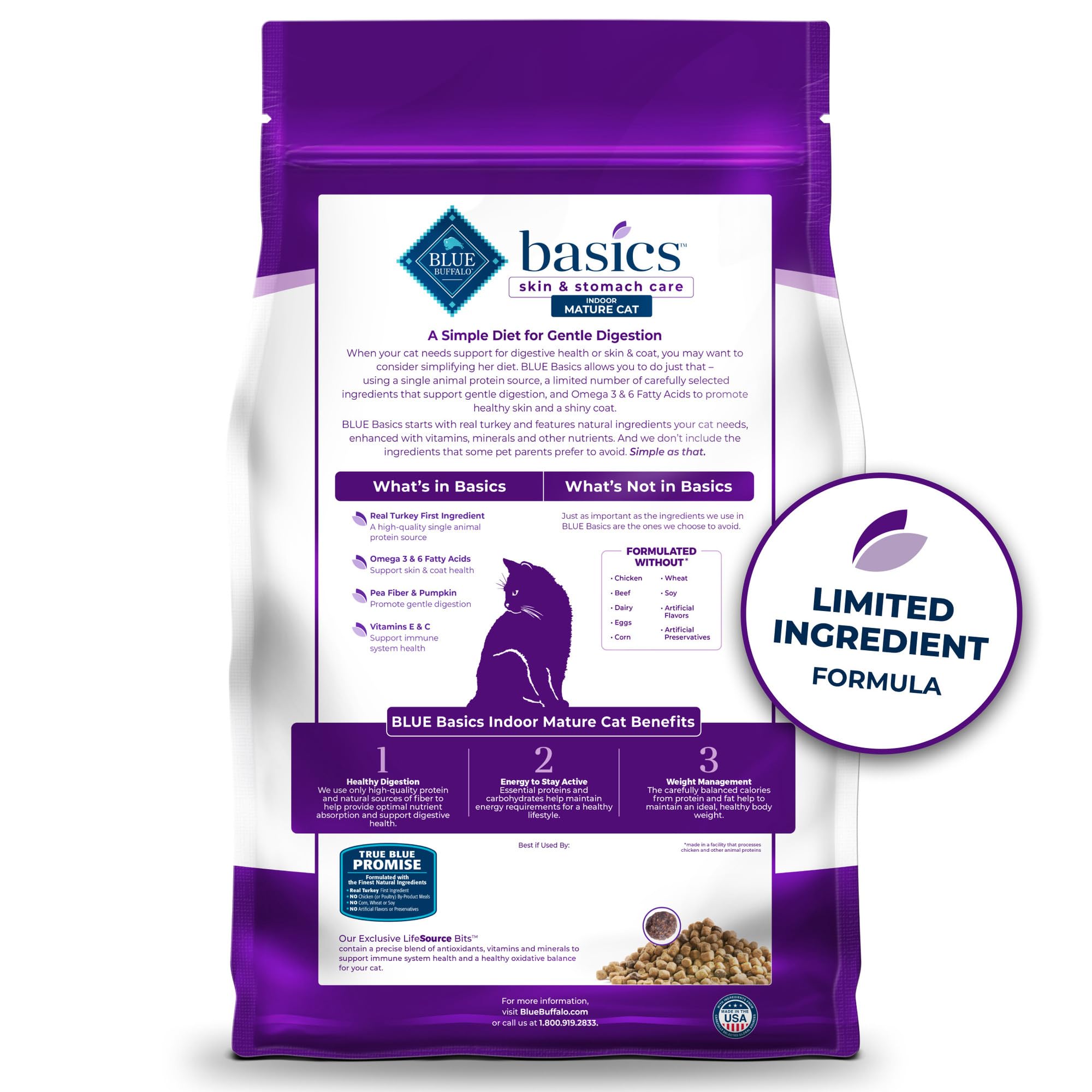 Blue Buffalo Basics Grain-Free Dry Cat Food, Skin & Stomach Care, Limited Ingredient Diet for Mature Indoor Cats, Turkey & Potat